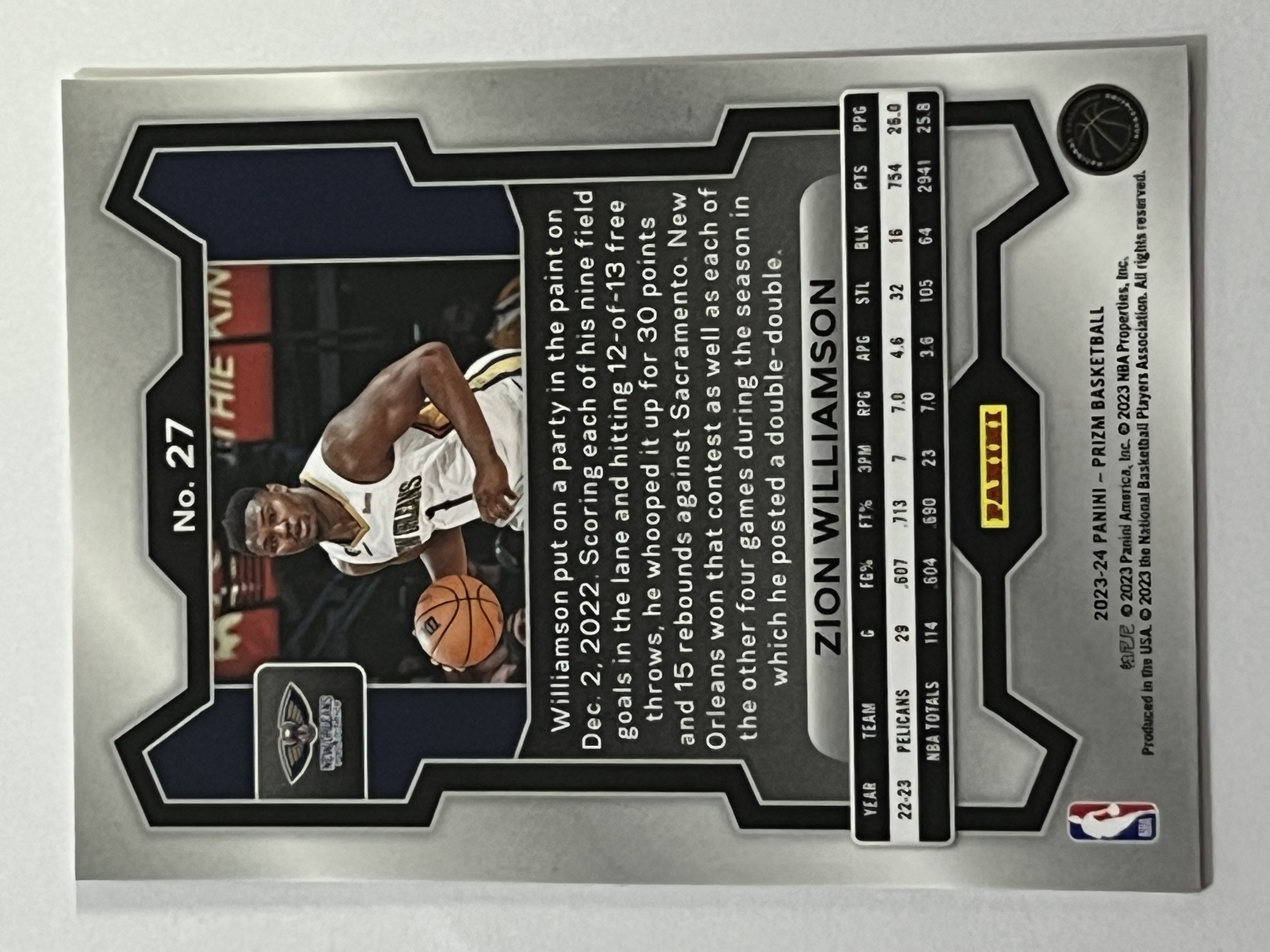 2023-24 Panini Prizm Zion Williamson 锡安 威廉姆森 胖虎 蔡恩 鹈鹕队 热门球星 收藏必备 凑套必备 实卡精美 #27