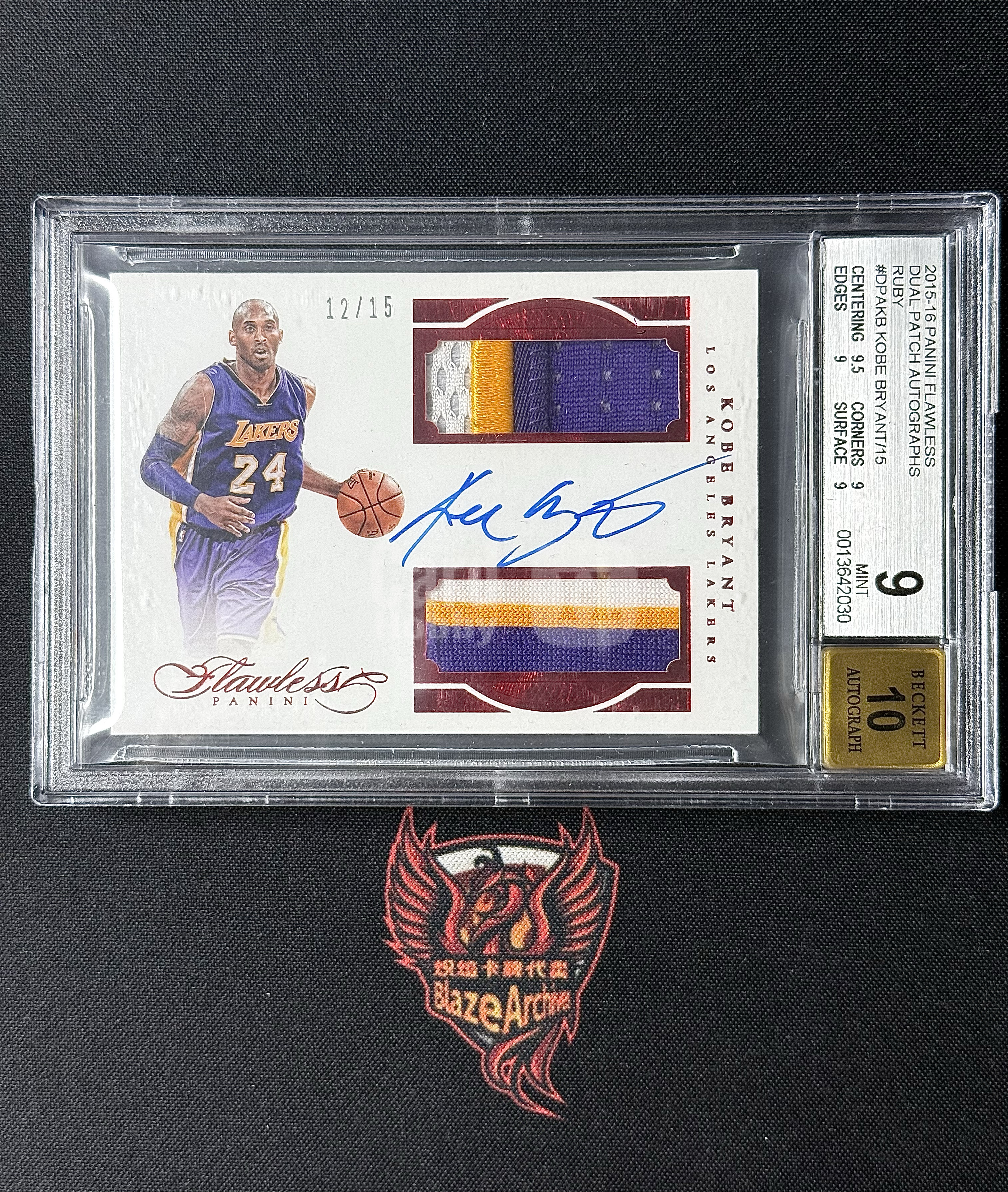 【炽焰拍卖】2015-16 Panini Flawless Kobe Bryant 手提 湖人 科比 布莱恩特 黑曼巴 15编 签字 卡签 双窗Pa 腰子Gu落场物料 暴力Patch切割 红宝 中国红平行 BGS9+金标10分 壳微瑕#鸣总