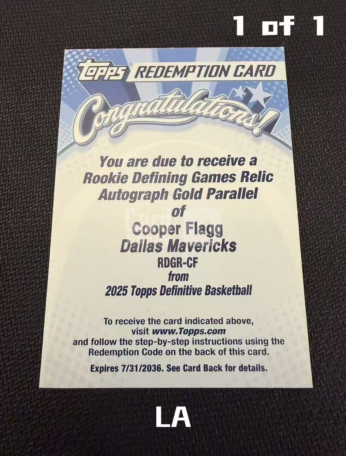【LA拍卖精品】2025-26 Topps Definitive Cooper Flagg 元年至尊 新秀RC 库珀 弗拉格 1/1编 金平行 RPA RDGRA Defining Games 里程碑Patch签 卡签签字 交换板仅限自提
