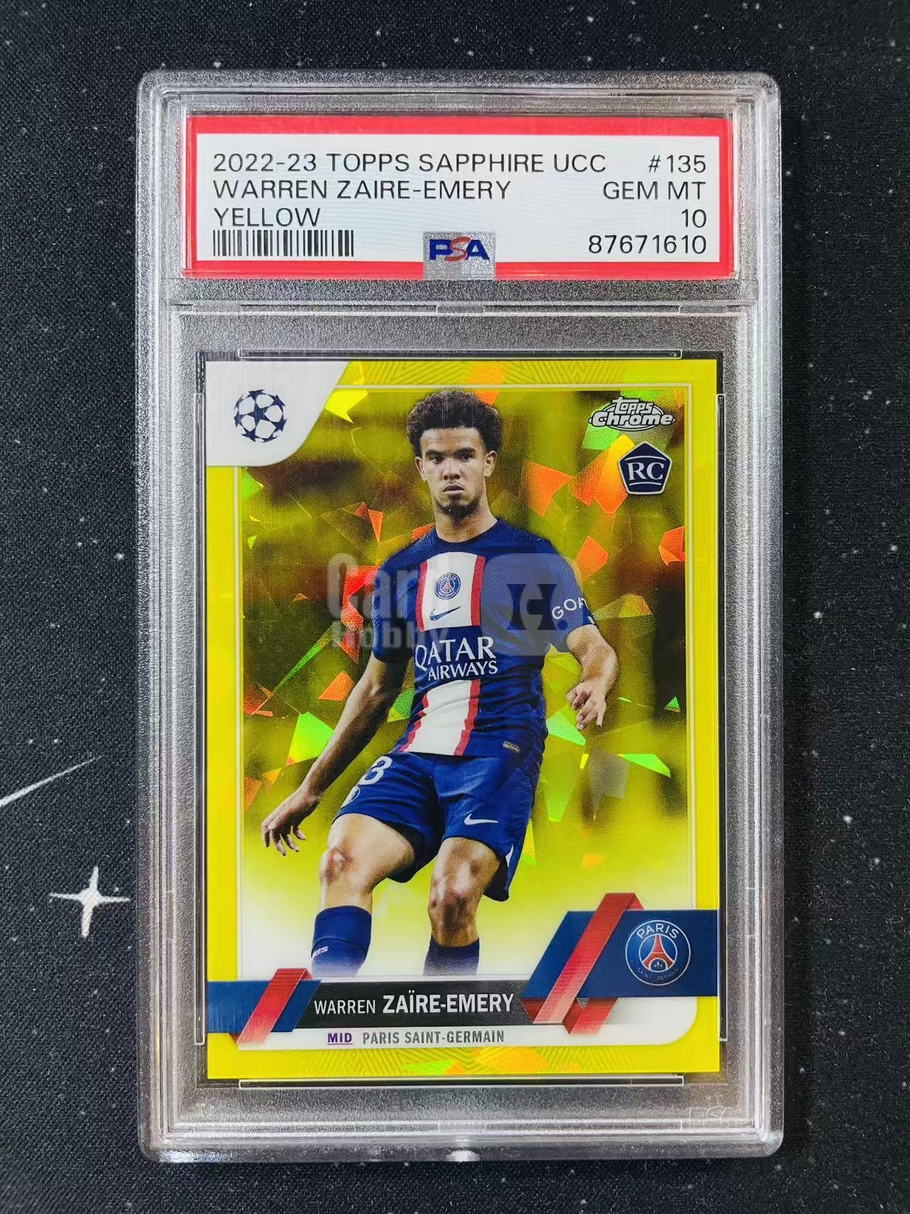 2022-23 Topps Chrome UCC 蓝宝石 Warren Zaire-Emery 扎伊尔 埃梅里 欧冠 RC新秀 58/99编 黄碎冰折 折射 PSA评级10分 大巴黎 巴黎圣日耳曼 法国 洛北拍卖 凯凯9347i