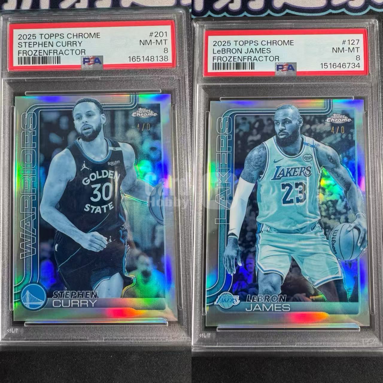 2025-26 topps chrome 史蒂芬 库里 /勒布朗 詹姆斯 冰冻折 负4编 -4/0编 psa8分 一对 打包出售 湖人 勇士 限量5编 稀有 纯色折