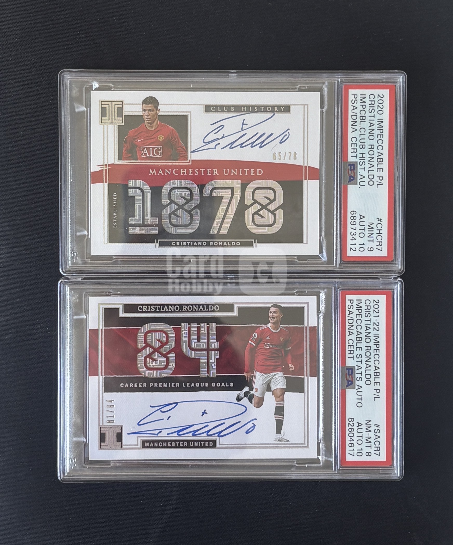 【古都代拍精品】2020-21 2021-22 Impeccable 小真金 英超 曼联 Cristiano Ronaldo C罗 罗纳尔多 78编 俱乐部历史 84编 数据 卡签 签字 PSA8墨迹10 PSA9墨迹10 一对儿出 顶级