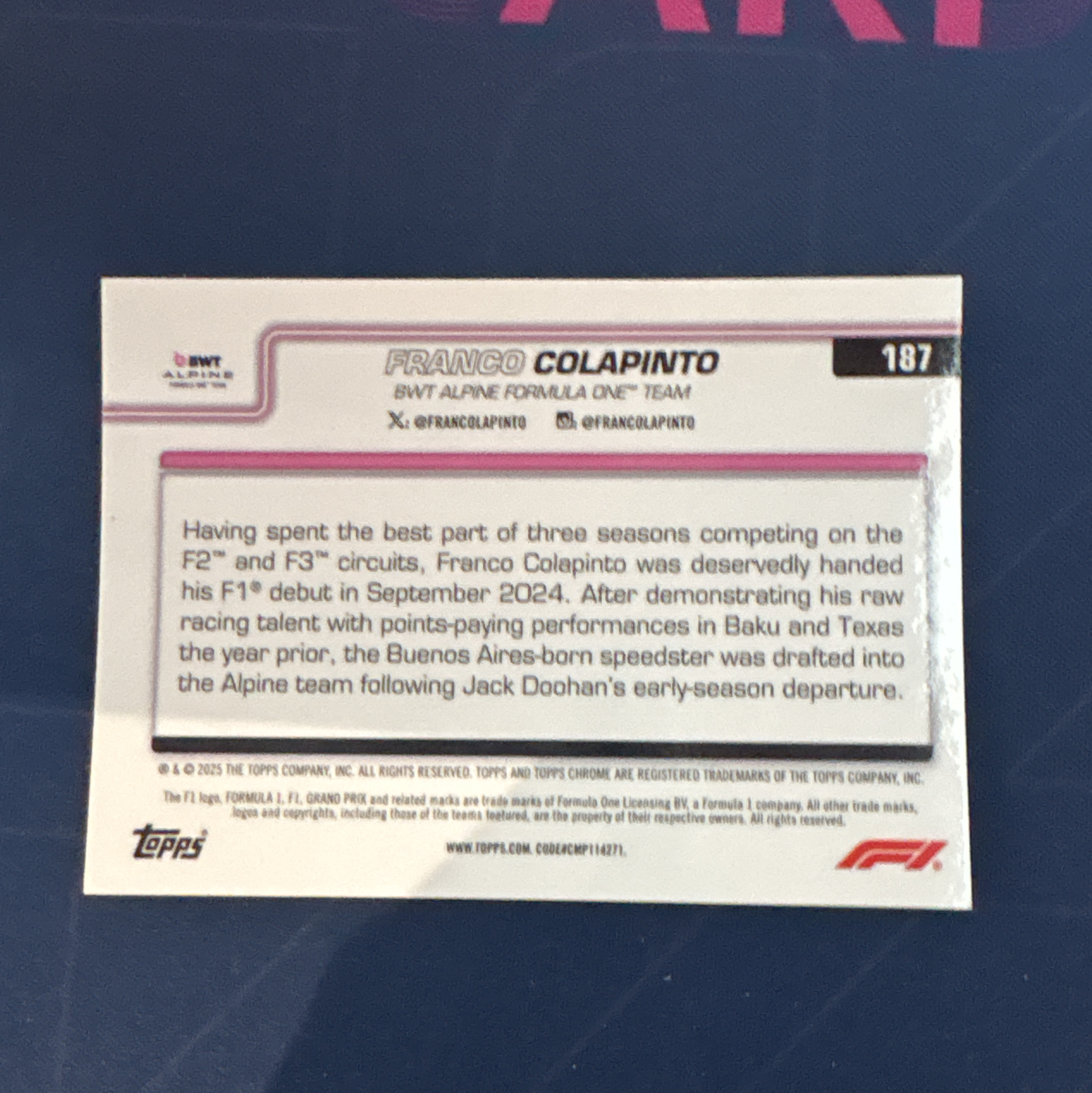 2025 Topps Chrome Franco Colapinto 【爆爆代卖】F1 75周年 弗兰克 科拉平托 黑白方格旗棋盘折 格子折Bwt车队 On The Move 特卡 卡品如图 #冷哥