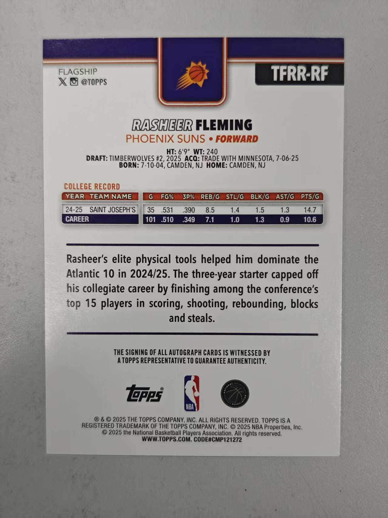 2025 Topps Flagship Rasheer Fleming RC 太阳 RC新秀 拉希尔 弗莱明 卡签 完美签字 卡品如图【原地起飞卡社】jia11.16