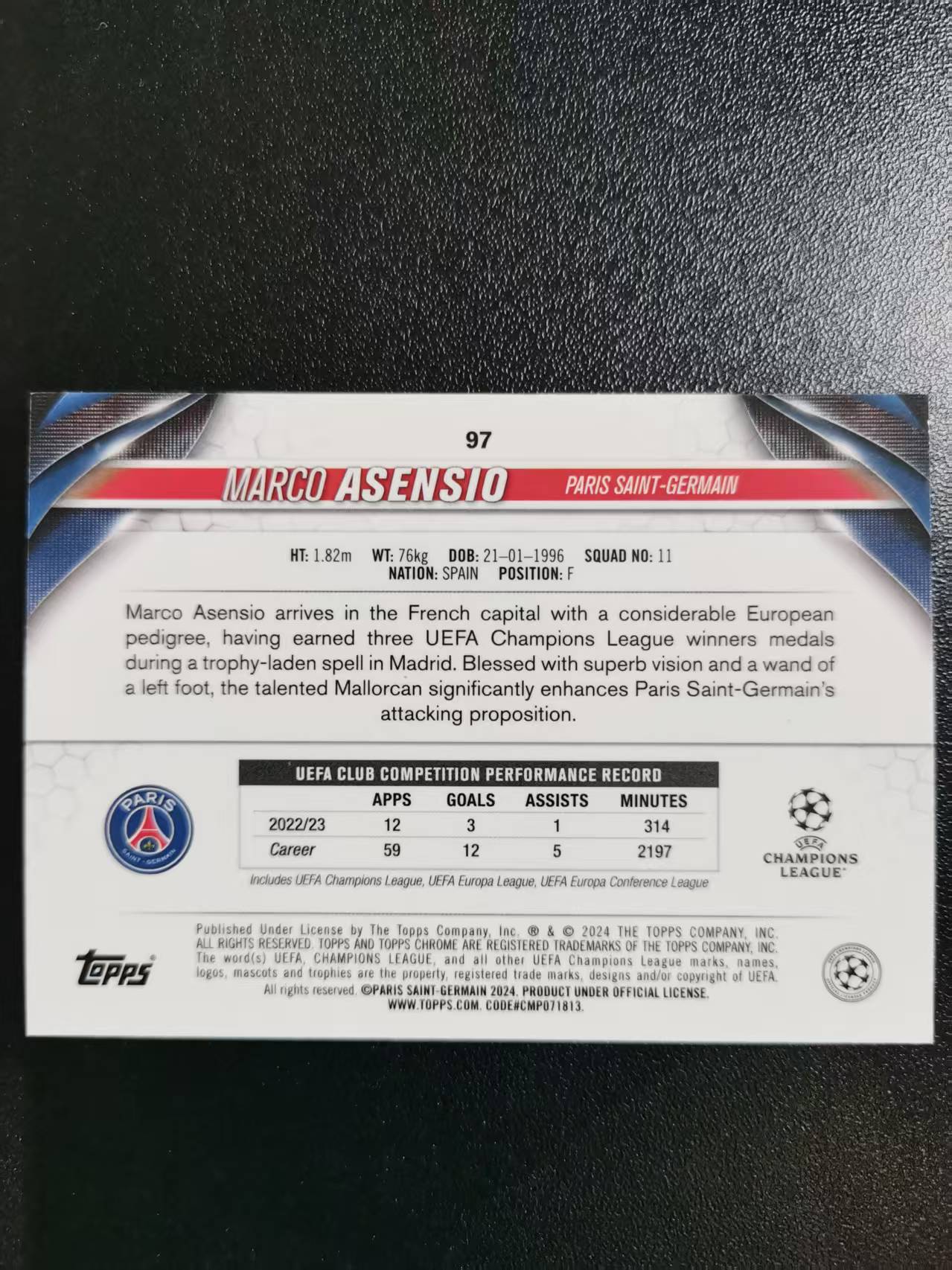 2024 Topps Chrome Marco Asensio 阿森西奥 大巴黎 西班牙 TC欧冠 折射 收藏凑套 卡品如图 免费代拍CC06