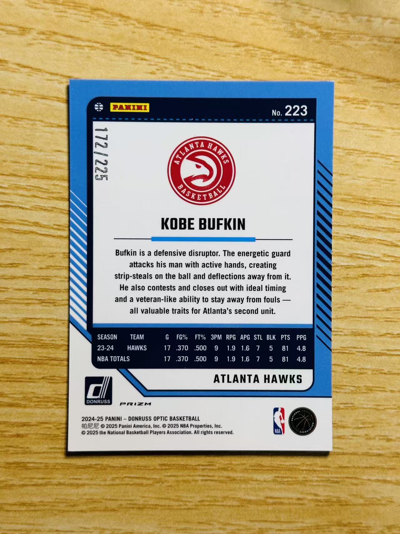 2024-25 Panini Donruss Kobe Bufkin 嘿嘿代卖 杜蕾斯 optic 科比 巴夫金 蓝折 225编 老鹰 收藏必备