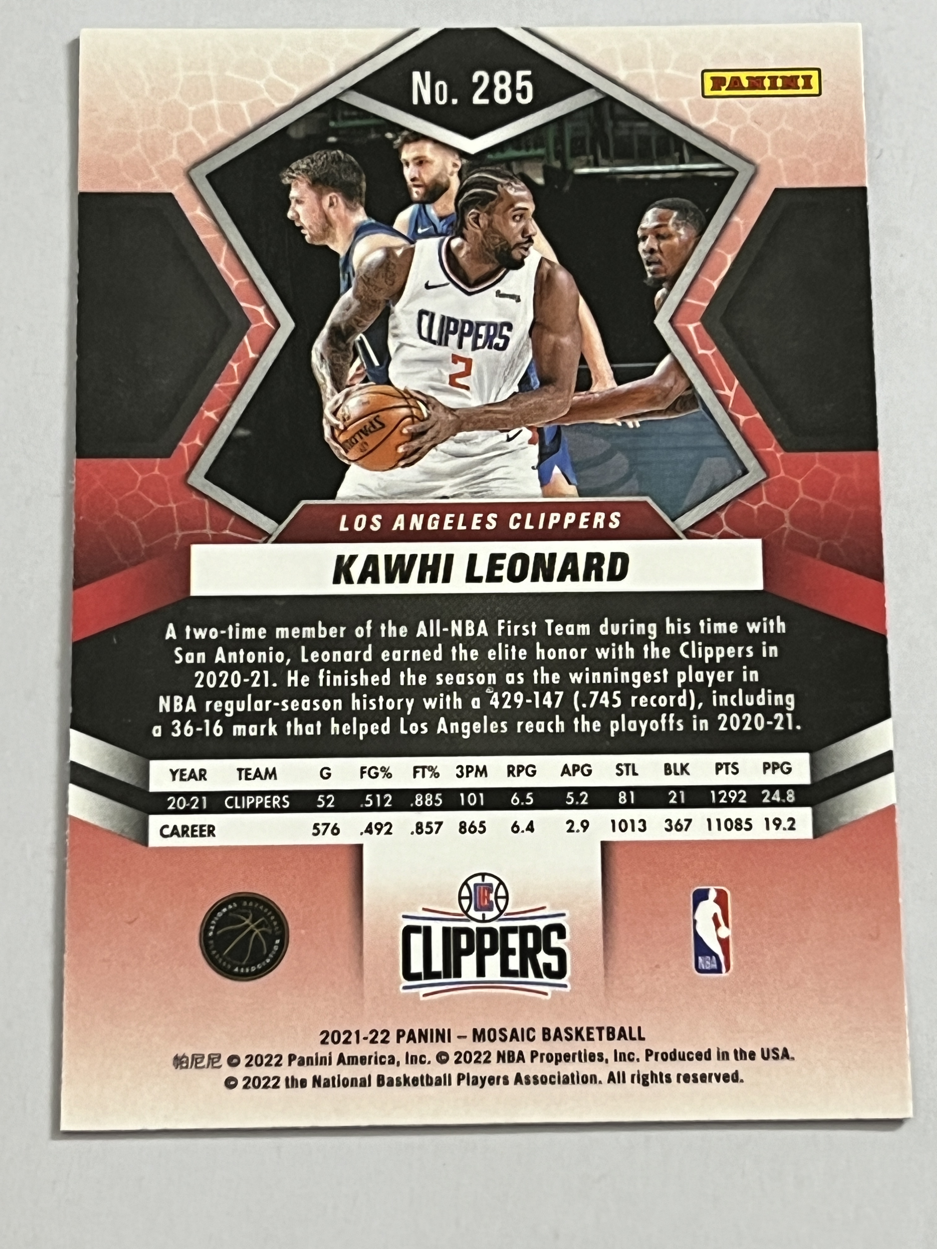 2021-22 Panini Mosaic Kawhi Leonard 科怀 伦纳德 快船队 热门球星 收藏必备 实卡精美 #285