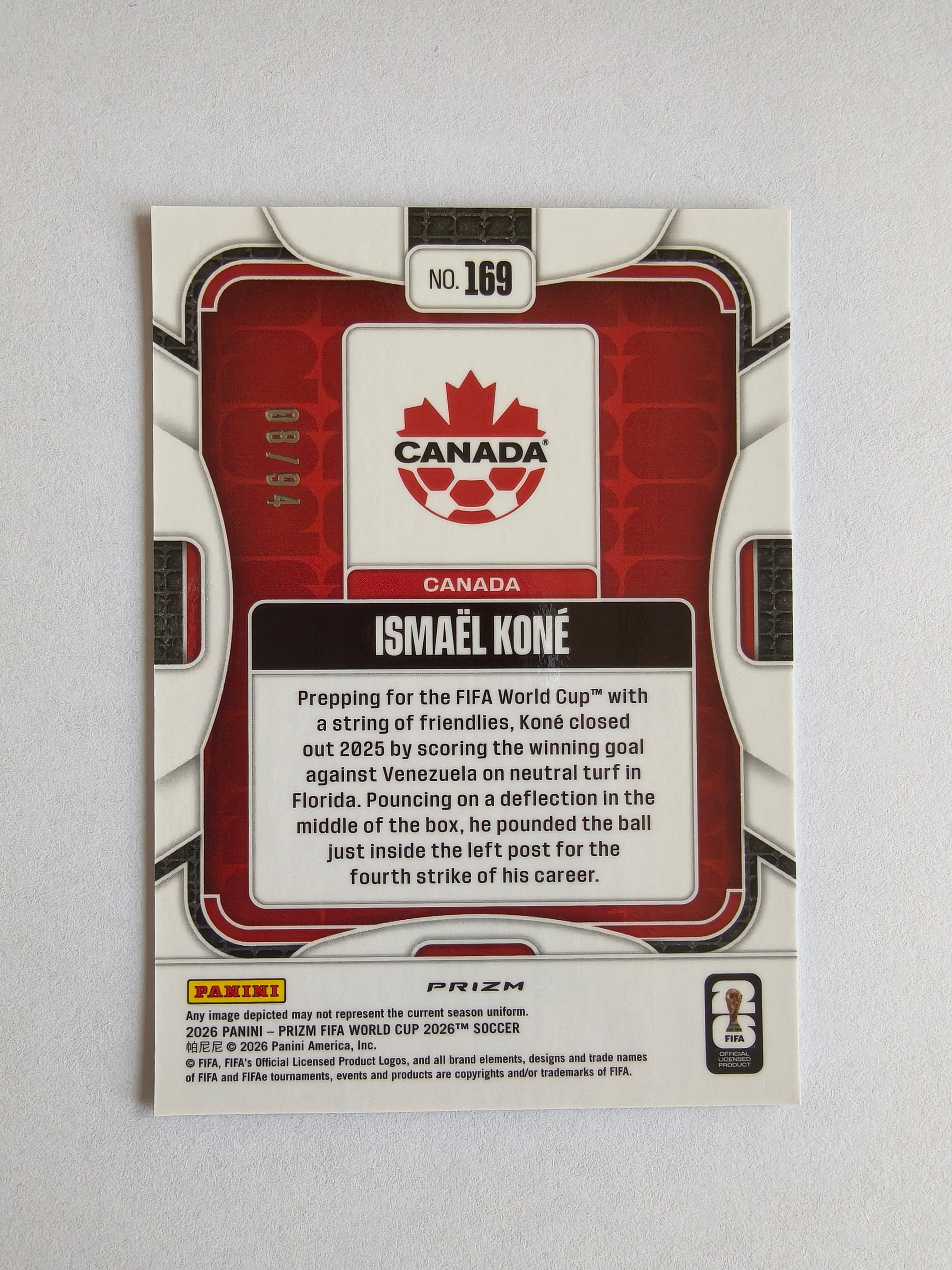 2026 Panini Prizm World Cup Ismael Kone 2025-26 帕尼尼 FIFA 世界杯 PZ 伊斯梅尔 科内 加拿大 94编 星条折射 收藏必备 卡品如图 TY568