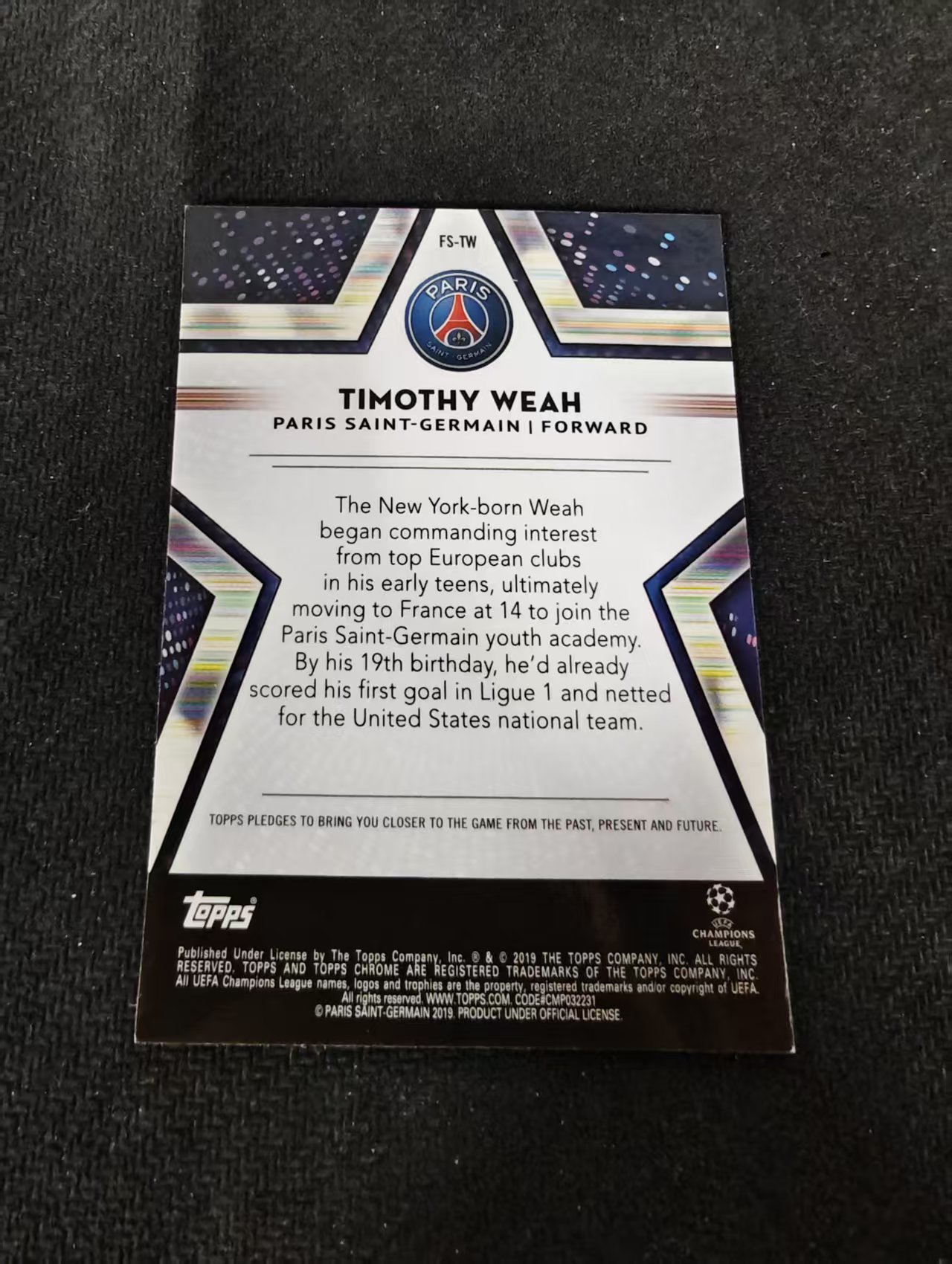 【可合并,不累计】2019-20 Topps Chrome Timothy Weah 欧冠 里尔 蒂莫西 维阿 美国 尤文图斯 未来之星 银折 划痕 边角瑕疵