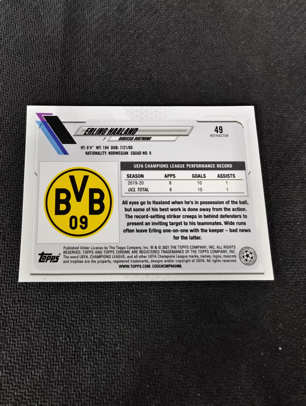 【可合并,不累计】2021 Topps Chrome Erling Haaland 哈兰德 挪威 曼城 多特蒙德 欧冠 银折 划痕 边角瑕疵 #49