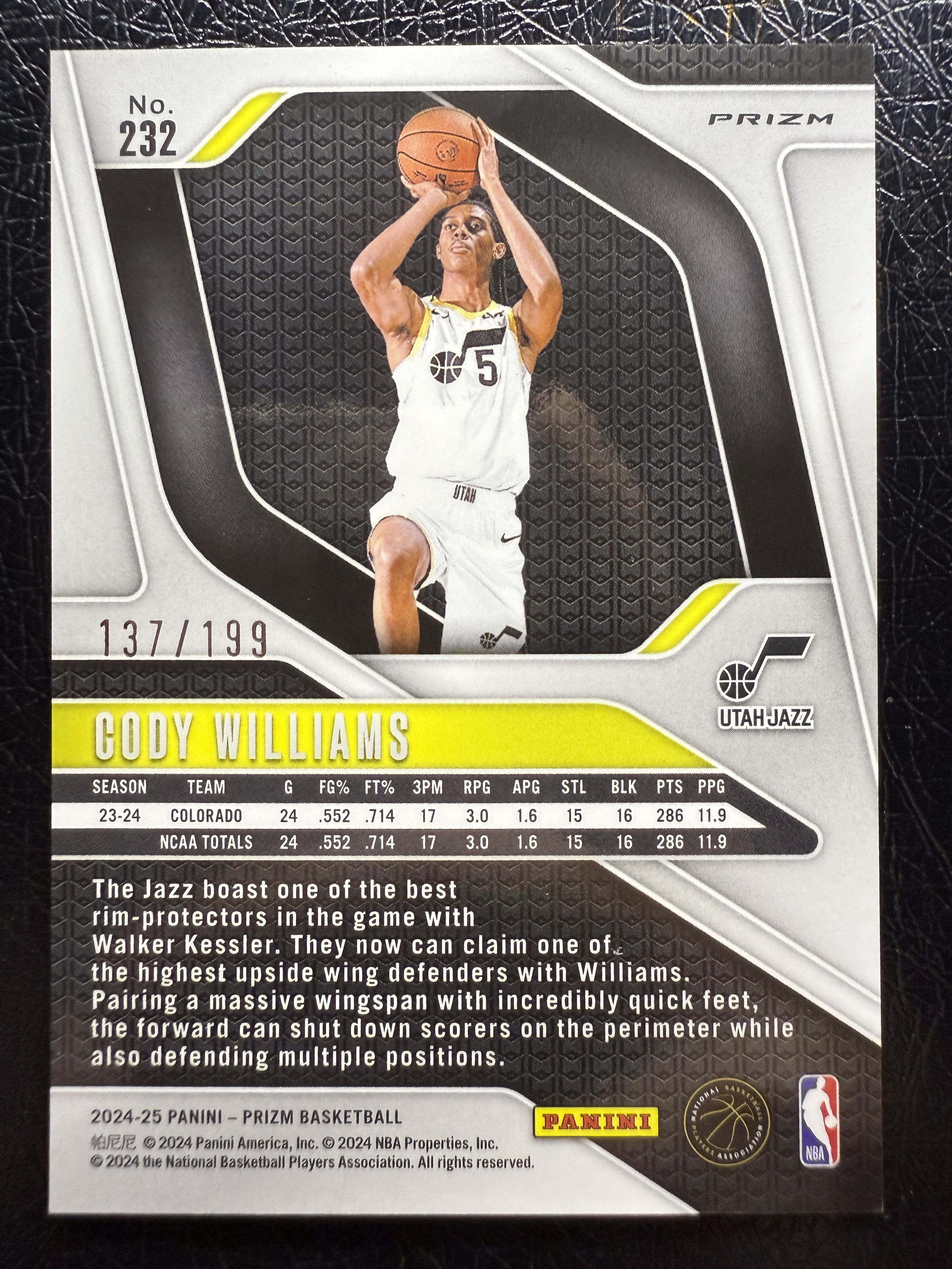 2024-25 Panini Prizm Cody Williams 爵士 科迪 威廉姆斯 新秀 RC /199编 蓝折 折射 通行卡品 东子