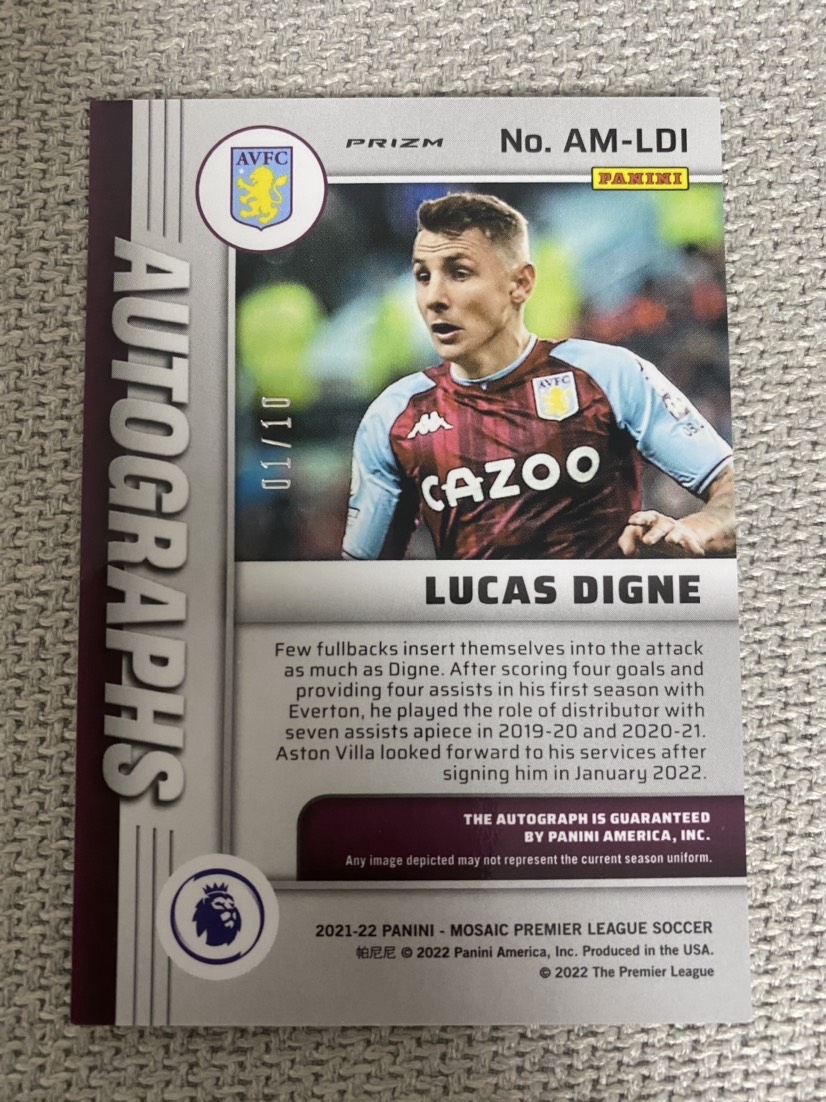 2021-22 Panini Mosaic Lucas Digne 马赛克 阿斯顿维拉 迪涅 签字 1/10编 首编 金马赛克折 完美签 法国 ...