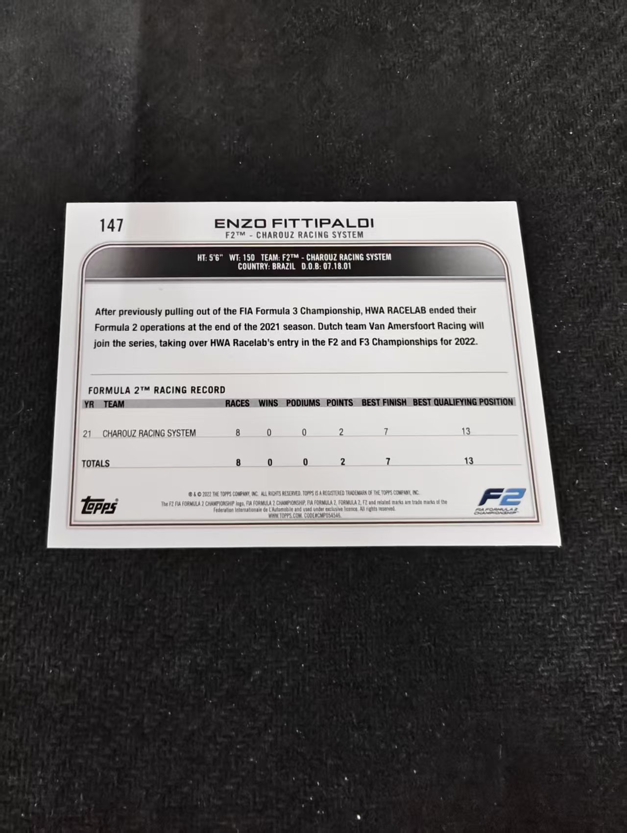 2022 Topps Chrome Enzo Fittipaldi F1 恩佐 菲蒂帕尔迪 F2 黑白棋盘 划痕 边角瑕疵@147