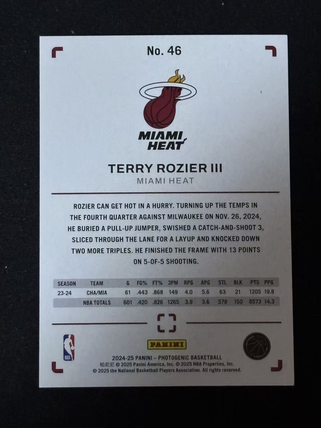 2024-25 Panini PaniniPhotoGenicNBA Terry Rozier 【磊子球星卡】上镜 35编 泡泡折 热火 特里 罗齐尔 13/35
