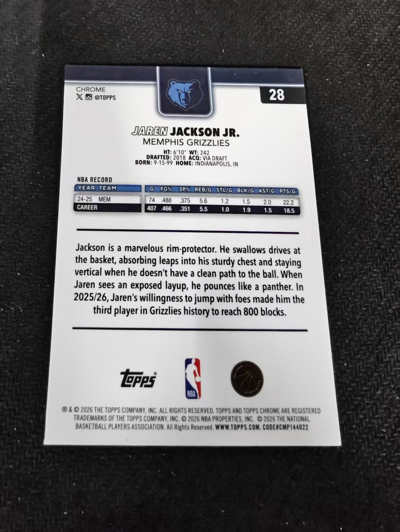 2026 Topps Chrome Update Jaren Jackson Jr 灰熊 小贾伦 杰克逊 TCU 划痕 边角瑕疵 #28