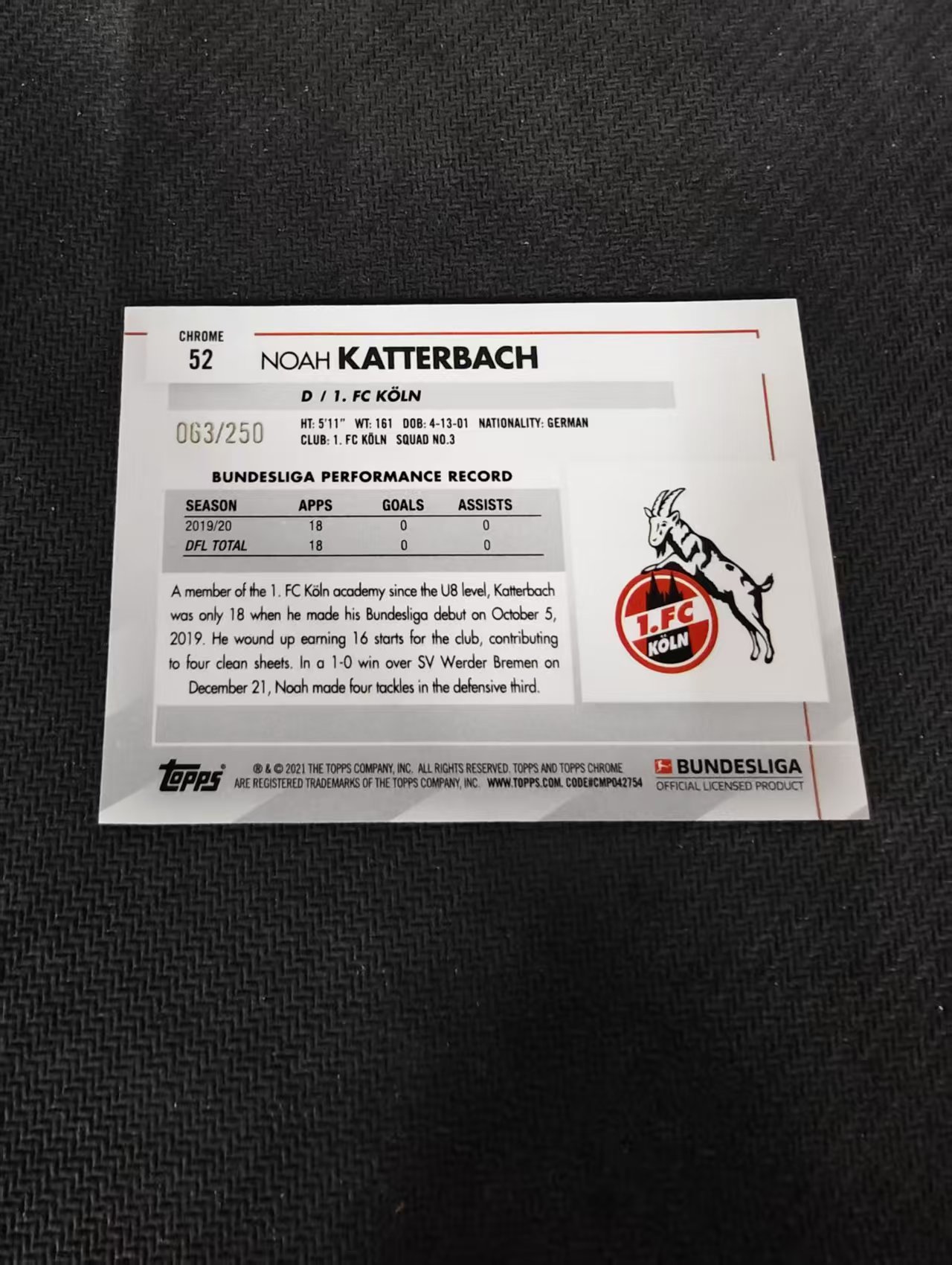 【可合并,不累计】2021 Topps Chrome Noah Katterbach 德甲TC 科隆 卡特巴赫 波纹折 250编