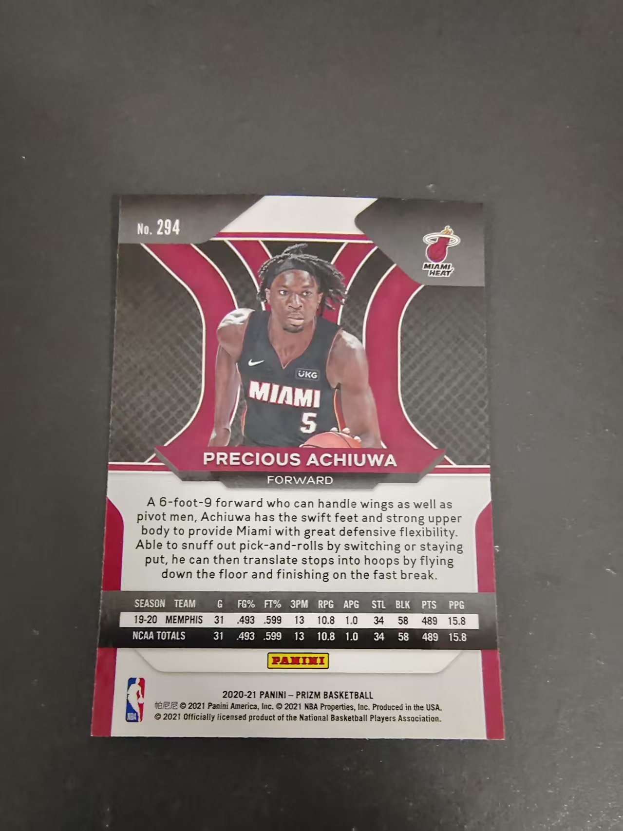 【可合并,不累计】2020-21 Panini Prizm Precious Achiuwa RC 阿丘瓦 热火 新秀 PZ 划痕 边角微瑕 介意勿拍 #294