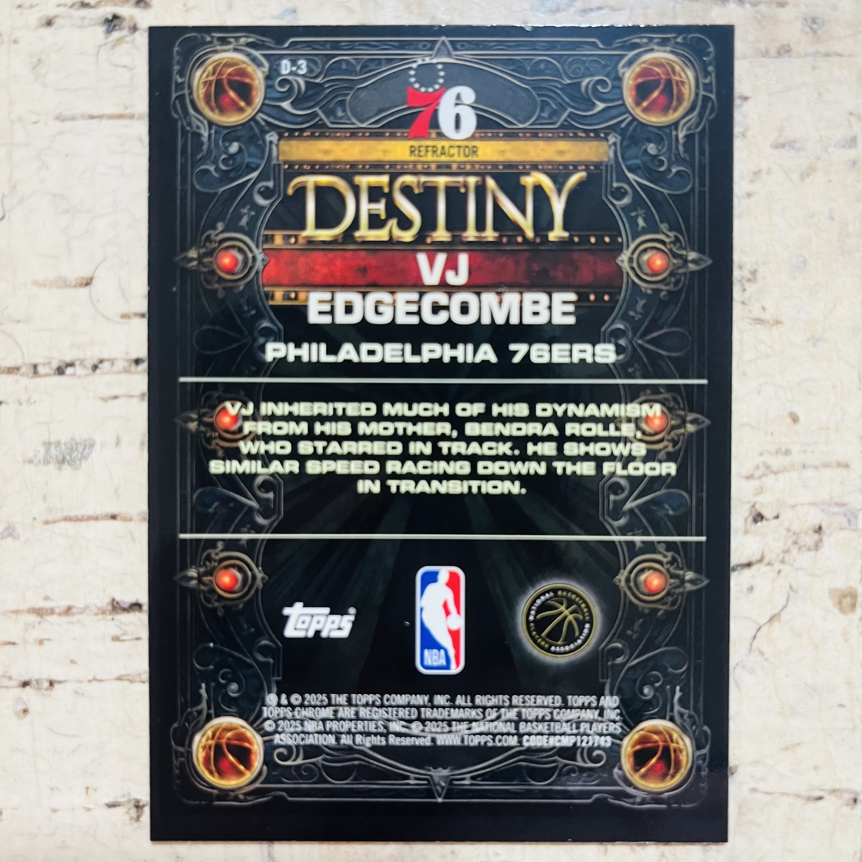 2025-26 Topps Chrome VJ Edgecombe RC 新秀 76人 vj 埃奇库姆 正银折 银折射 destiny 命运 特卡【小卡迷拍卖 可累积半年】