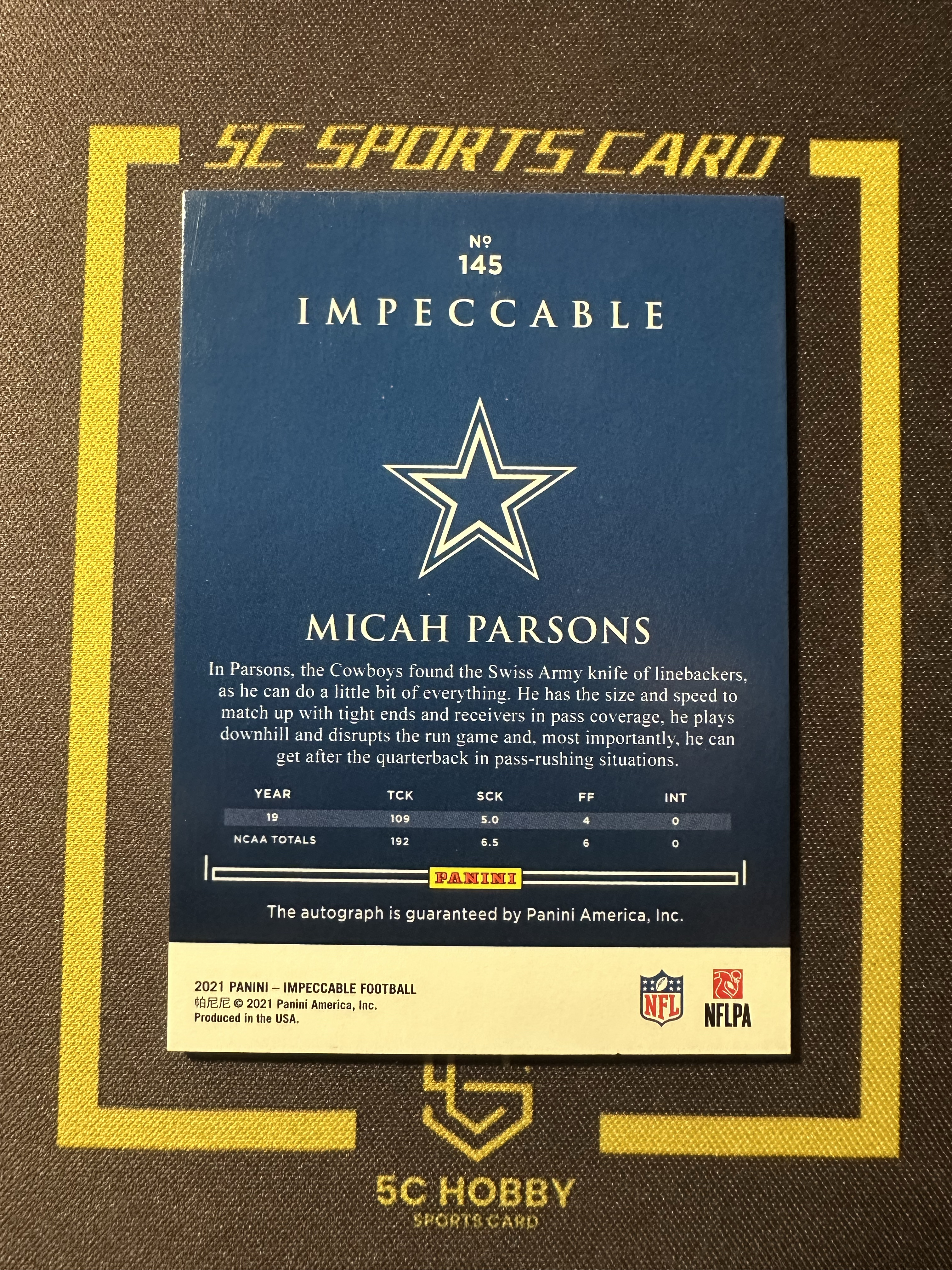 【主演出卡】 2021 panini impeccable 橄榄球 牛仔超级新秀 Micah Parsons 米卡 帕森斯 新秀签字 卡品如图 卡品一般 22/49