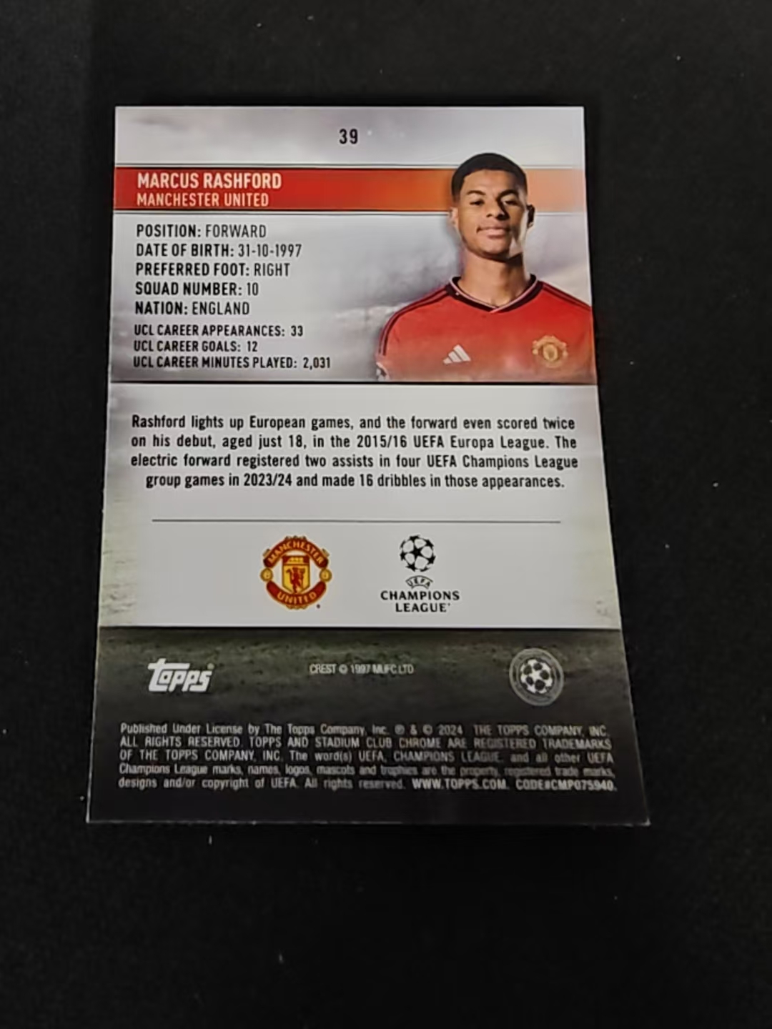 【可合并,不累计】2024 Topps Stadium Club Chrome Marcus Rashford 拉什福德 曼联 竞技场 欧冠 不保卡品 介意勿拍 #39