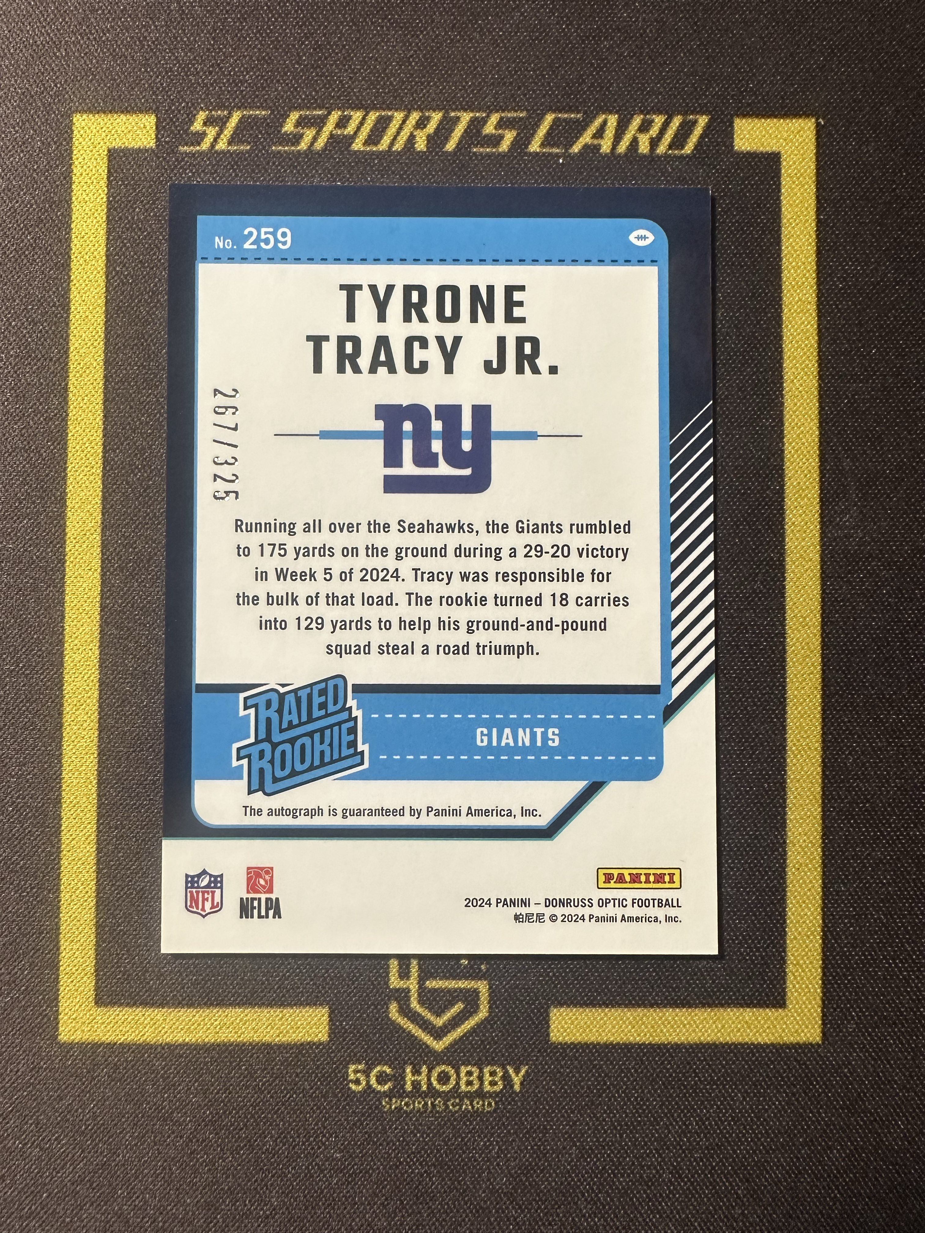 【主演出卡】 2024 panini 橄榄球 杜蕾斯optic 巨人队 Tyrone Tracy Jr 新秀 签字 267/325
