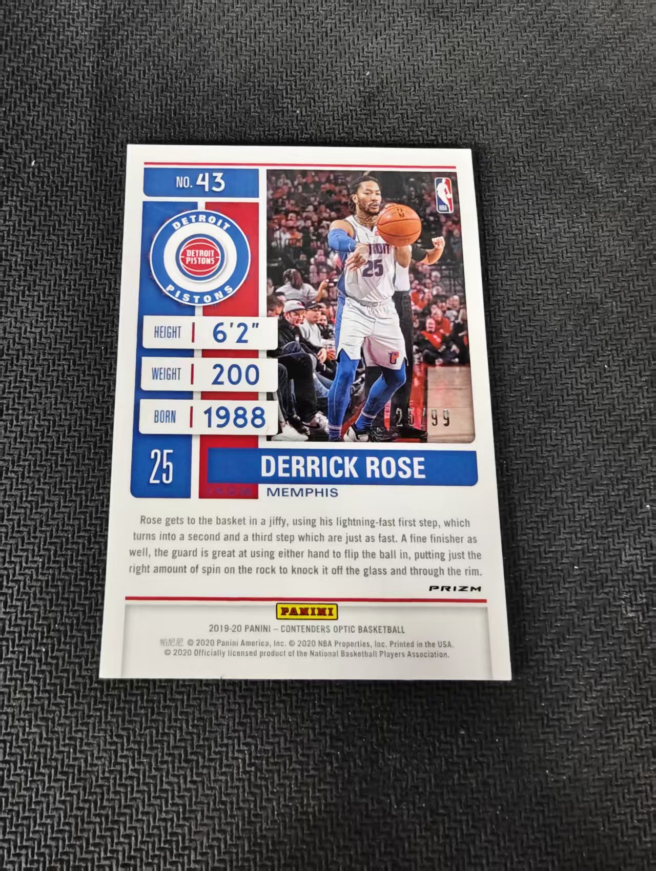 【可合并,不累计】2019-20 Panini Contenders Optic Derrick Rose 罗斯 活塞 球票OP 蓝折 99编 划痕 坑印 边角瑕疵