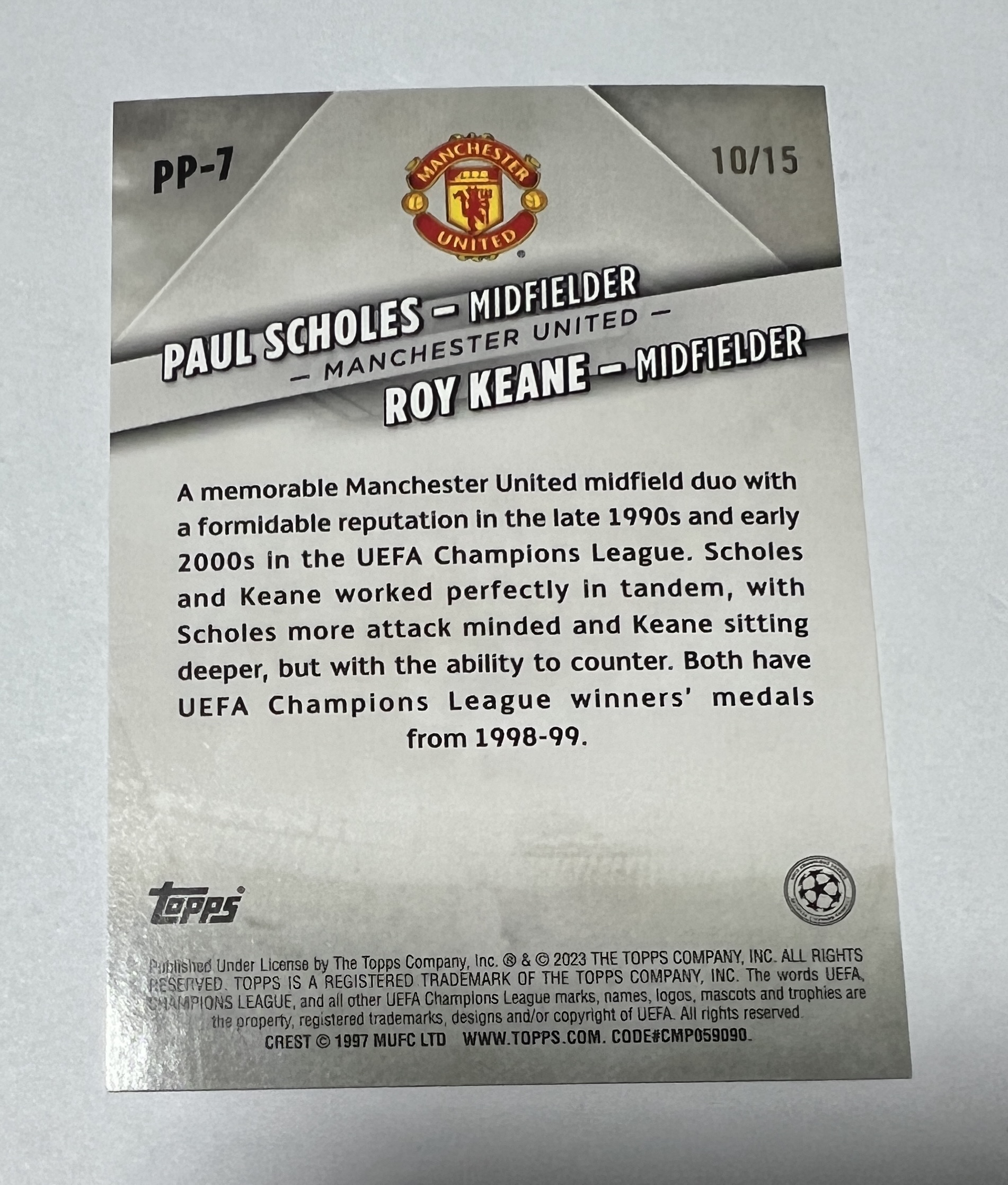 1997 Topps Topps Paul Scholes/Roy Keane 碧玉 曼联 传奇搭档 斯科尔斯 罗伊基恩 双人特卡10/15编 紫折 折射 卡品如图