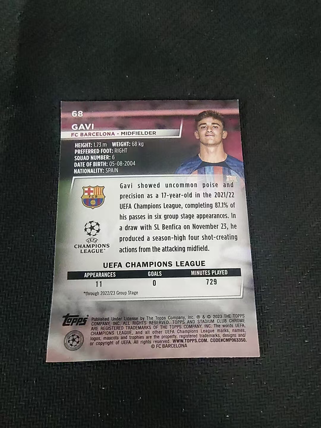 【可合并,不累计】2023 Topps Stadium Club Chrome Gavi 加维 巴塞罗那 巴萨 西班牙金童 竞技场 欧冠 划痕 边角瑕疵 #68