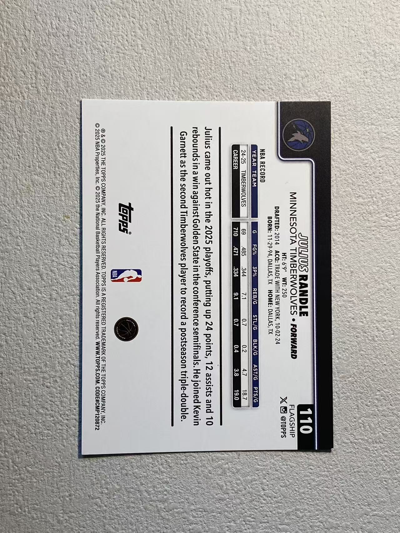 2025 Topps Topps Julius Randle 森林狼 朱利叶斯 兰德尔 5/5编 尾编 超低编 折射 稀有 收藏必备