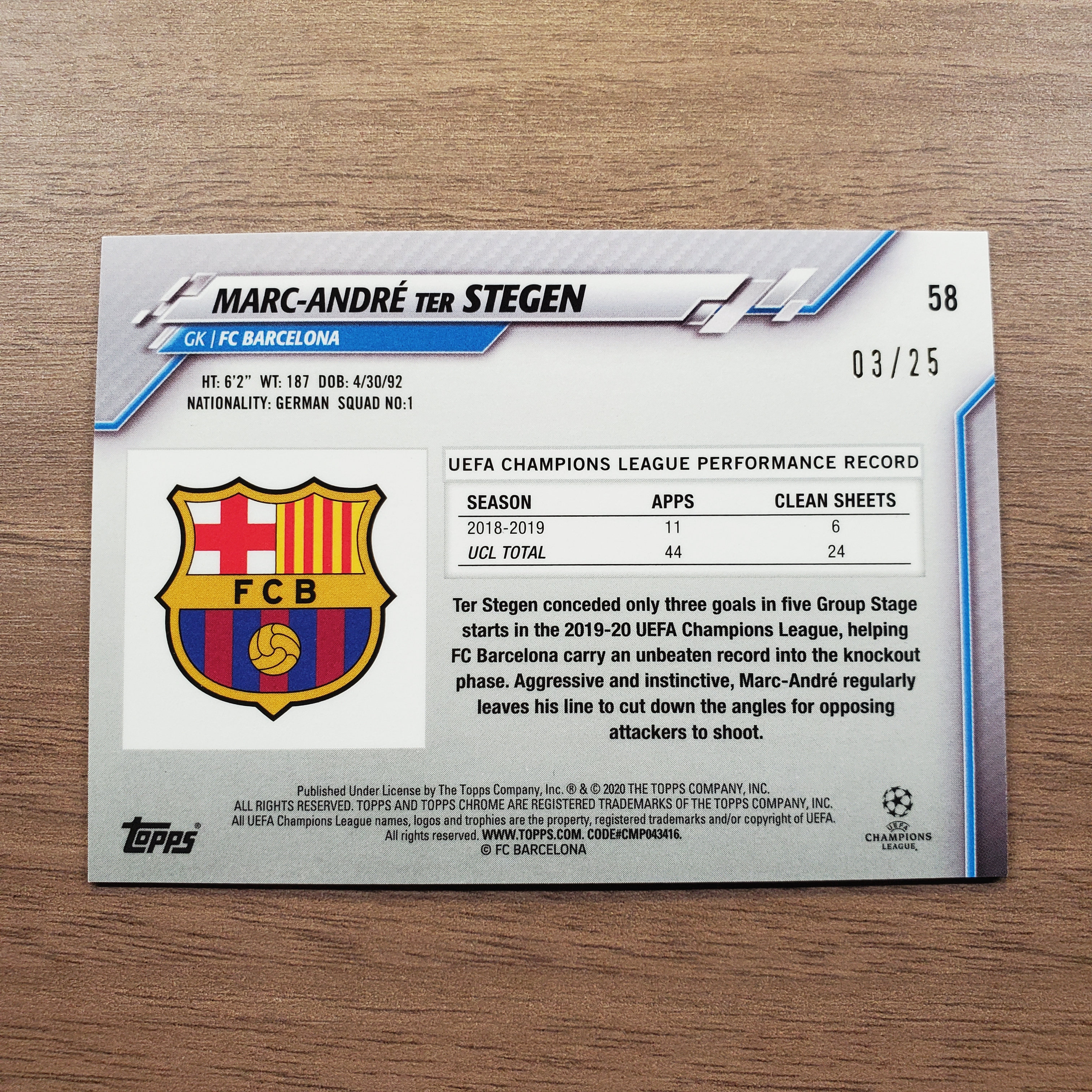 2019-20 Topps chrome sapphire Marc Andre ter Stegen 特尔施特根 3/25 紫碎冰折 巴萨 ...