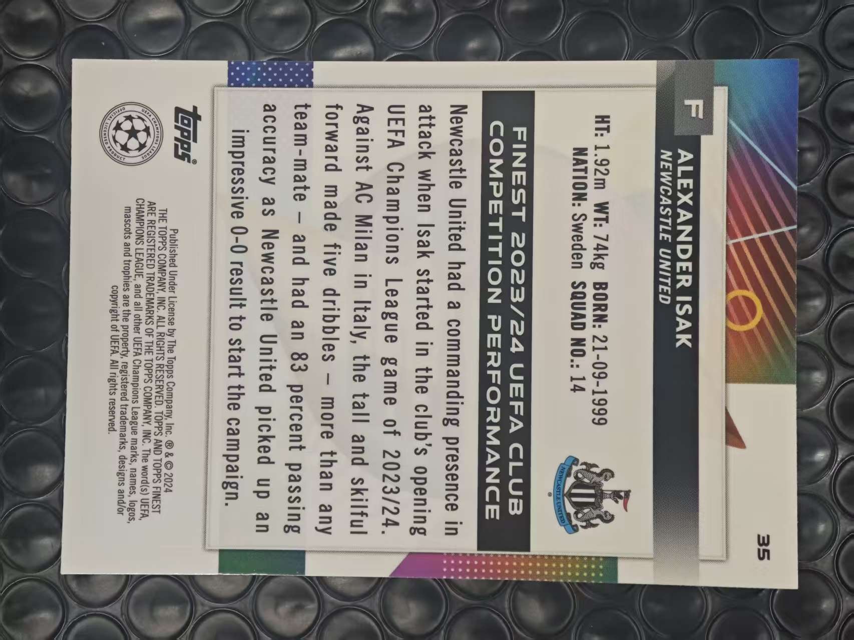 2023-24 Topps Finest Alexander Isak 欧冠 纽卡斯尔联 亚历山大 伊萨克 45/99编 绿折 折射 卡品如图【原地起飞卡社】MVP11.6