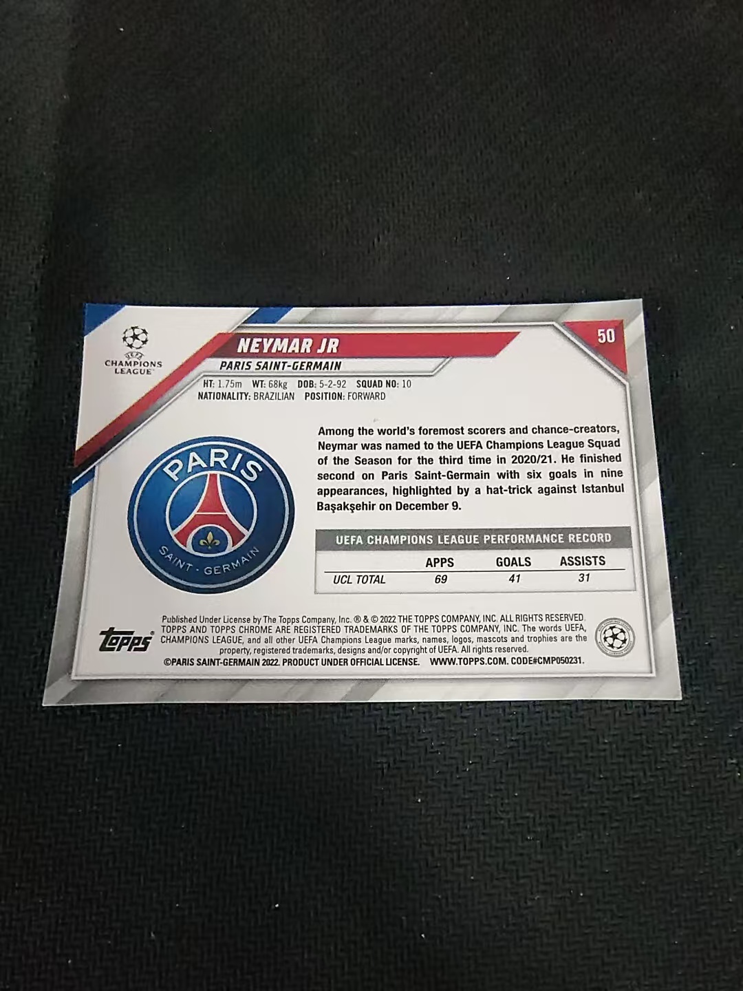【可合并,不累计】2022 Topps Chrome Neymar Jr. 内马尔 巴黎圣日耳曼 巴西 欧冠 划痕 边角瑕疵 #50
