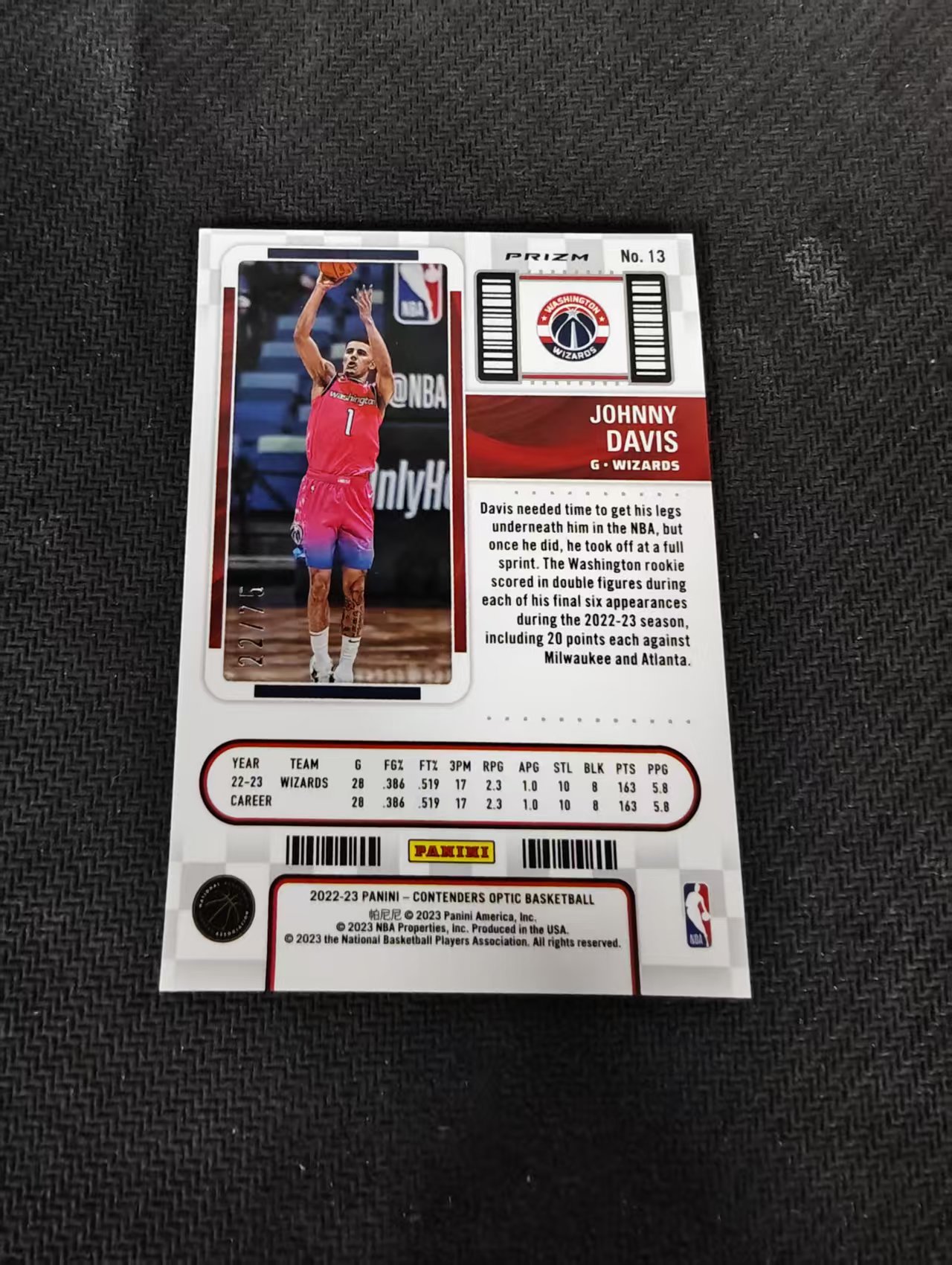 【汽水拍卖】2022-23 Panini Contenders Optic Johnny Davis RC 约翰尼 戴维斯 奇才 球票OP 新秀 粉折 75编 微瑕如图