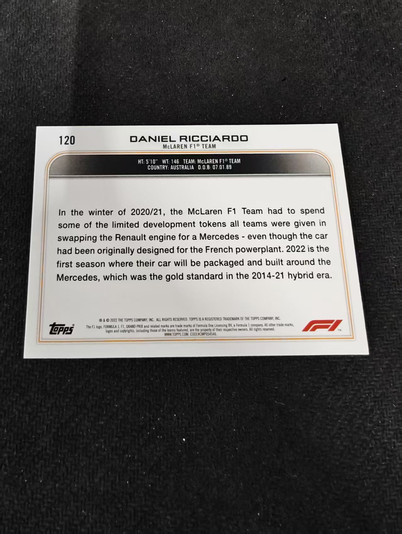 2022 Topps Chrome F1 Daniel Ricciardo 丹尼尔 里卡多 迈凯伦车队 黑白棋盘 划痕 边角瑕疵 @120