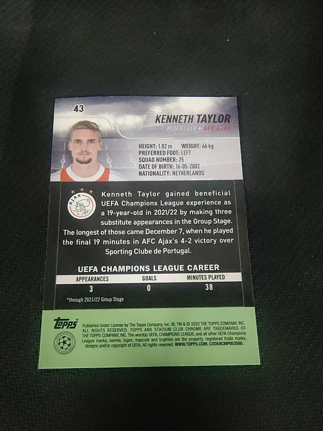 【可合并,不累计】2022 Topps Stadium Club Chrome kenneth taylor 肯内特 泰勒 阿贾克斯 竞技场 欧冠 划痕 边角瑕疵 #43