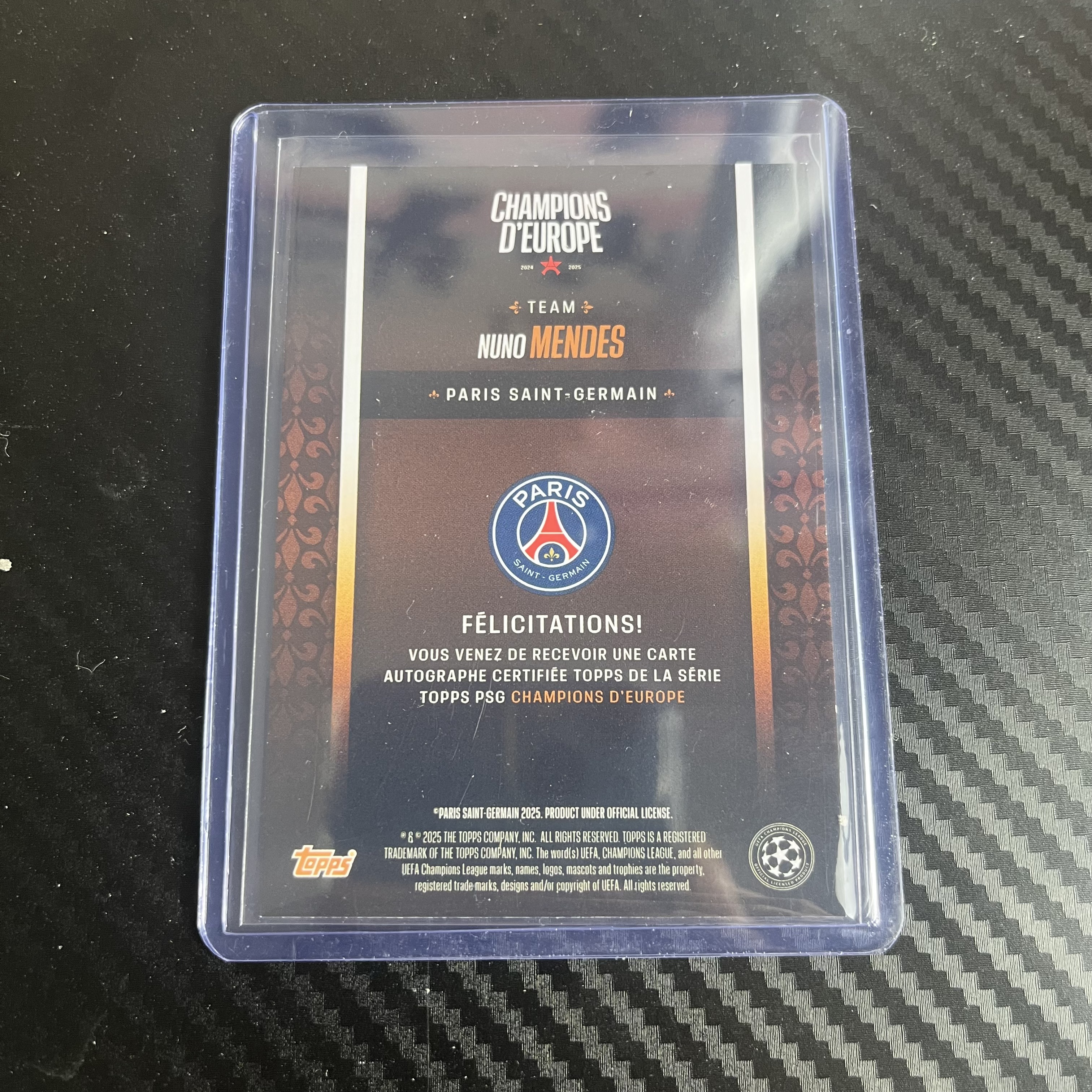 2024-25 Topps Chrome Nuno Mendes 巴黎 展览队盒 努诺 门德斯 橙折 25/25编 签字 不退不换 不累计 卡品如图 丁满代拍 小杆