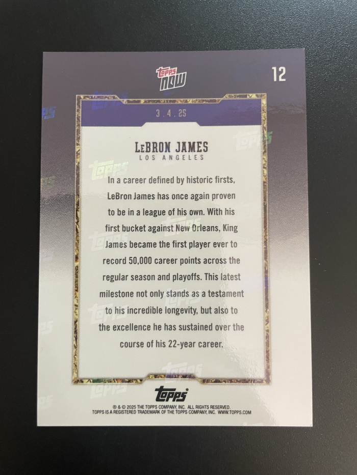 2024-25 Topps Now LeBron James 【hellfire拍卖】Topps now系列 洛杉矶湖人 勒布朗詹姆斯 职业生涯五万分成就 jjj