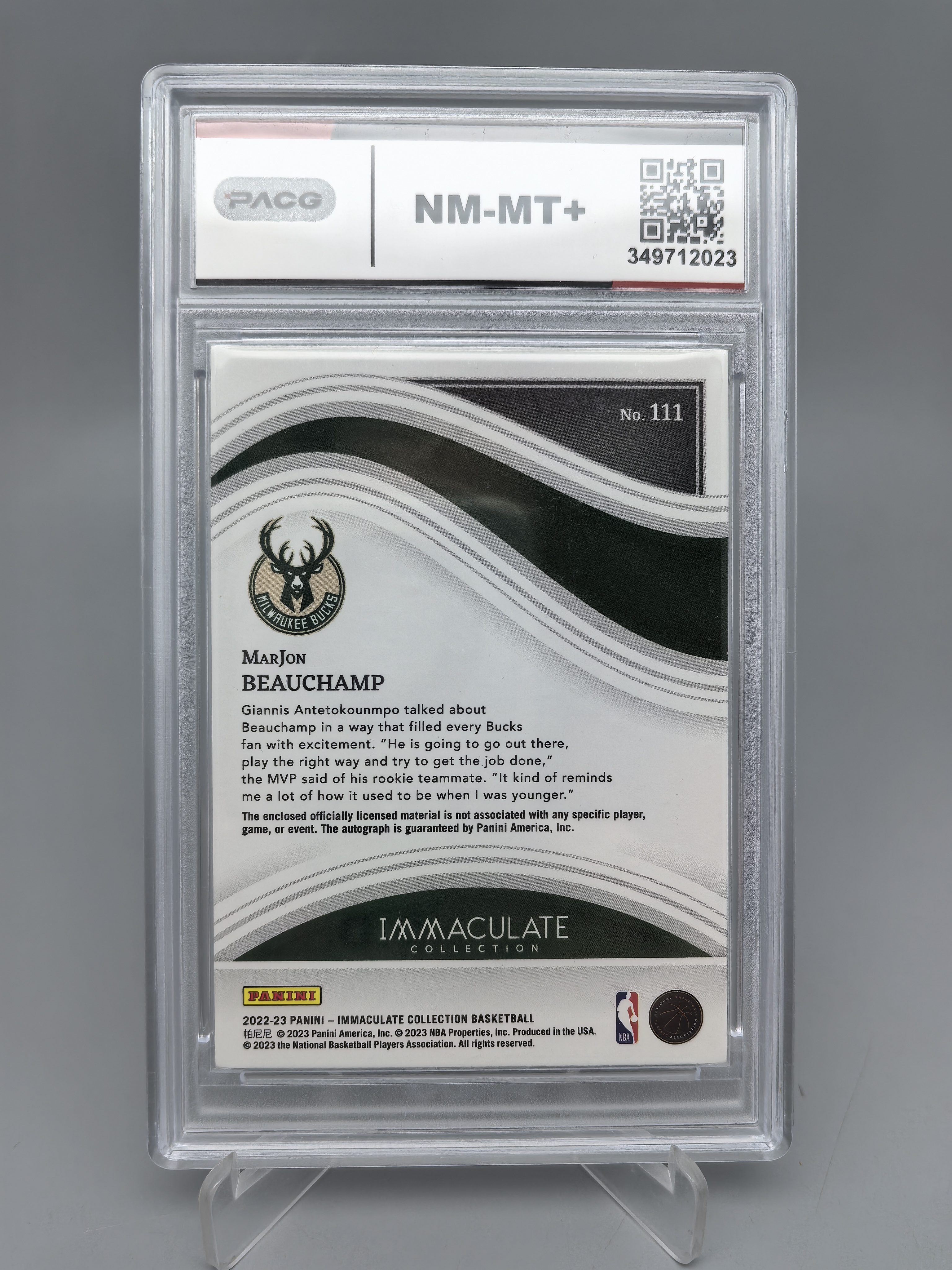 【坚果卡牌代拍】2022-23 Panini Immaculate MarJon Beauchamp RC 爱咪咪 雄鹿 新秀 马乔恩 比彻姆 /49编 签字卡签 三色球衣物料 红平 阿顺1027