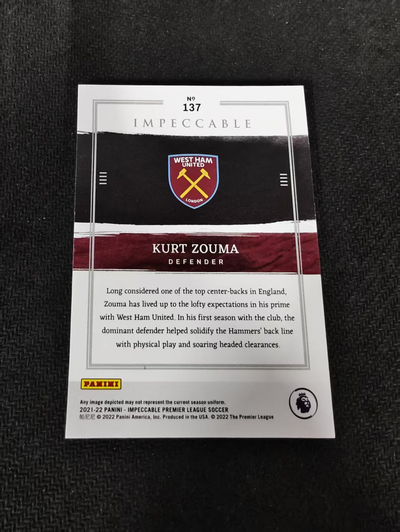 2021-22 Panini Impeccable Kurt Zouma 祖马 55编 西汉姆联 英超 小真金 瑕疵如图