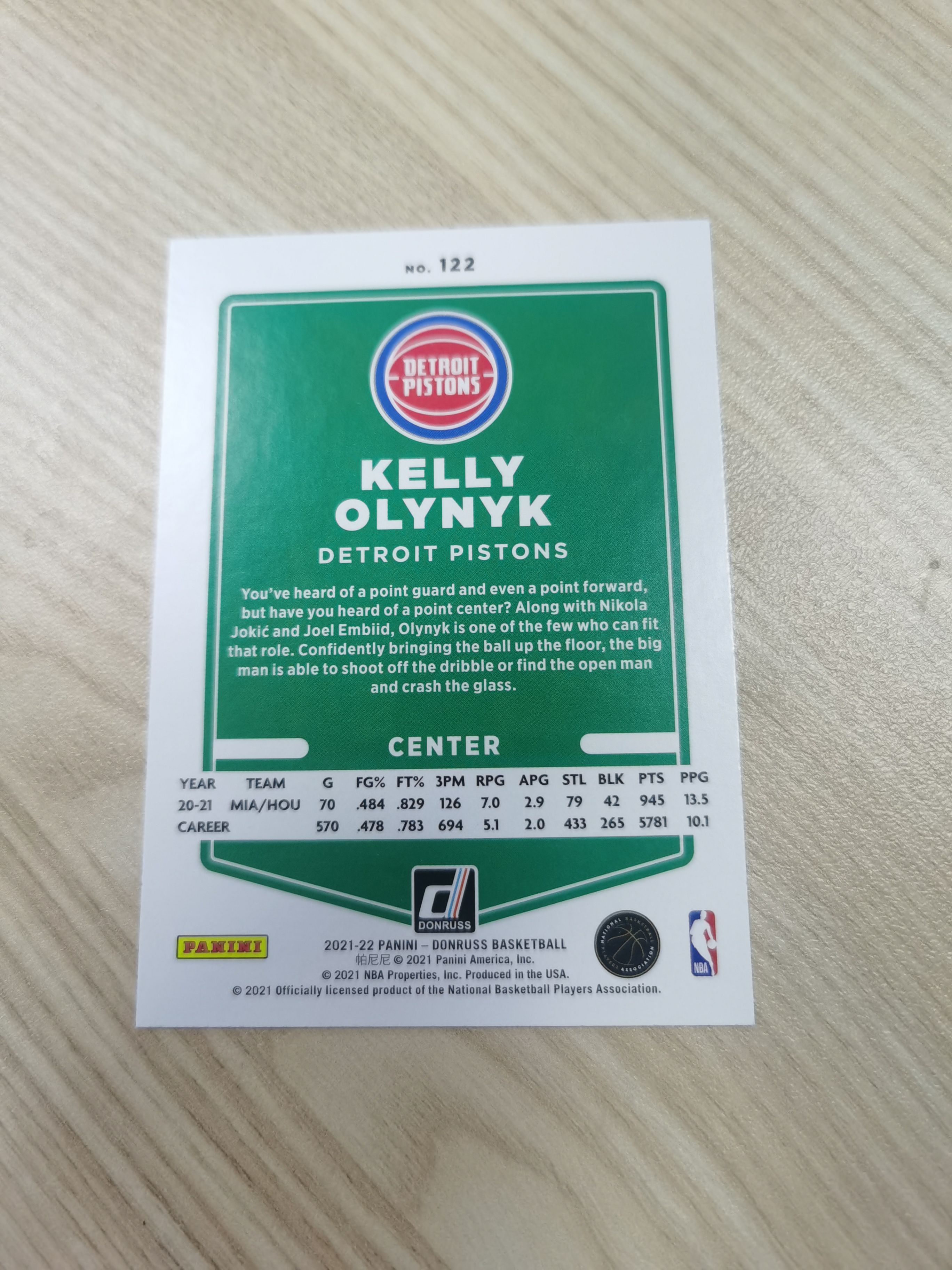 2021-22 Panini Donruss Kelly Olynyk 2021-22 奥利尼克 杜蕾斯 13年第13顺位被小牛选中 活塞 独行侠 硬通货 极具收藏价值