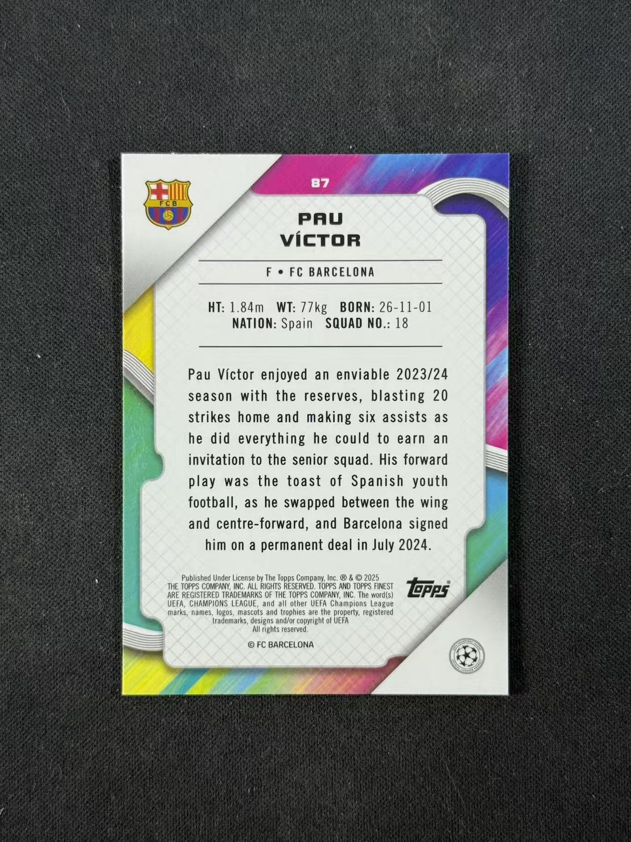 2025 Topps Finest Pau Victor RC 【林林拍卖拜仁】finest系列 欧冠 西甲 巴塞罗那 巴萨 新秀 保维克托 007/199编 紫熔岩折 base
