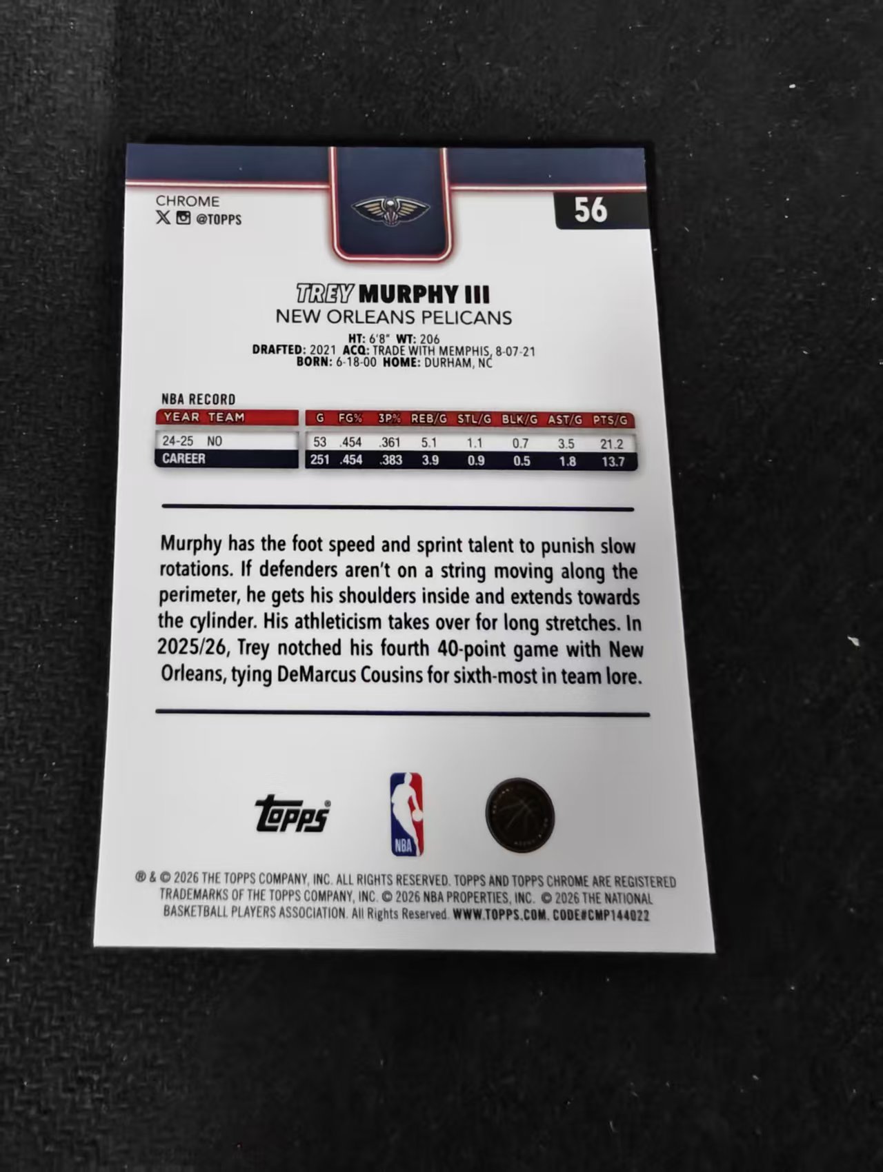 2026 Topps Chrome Update Trey Murphy III 特雷 墨菲三世 鹈鹕 TCU 划痕 边角瑕疵 #56