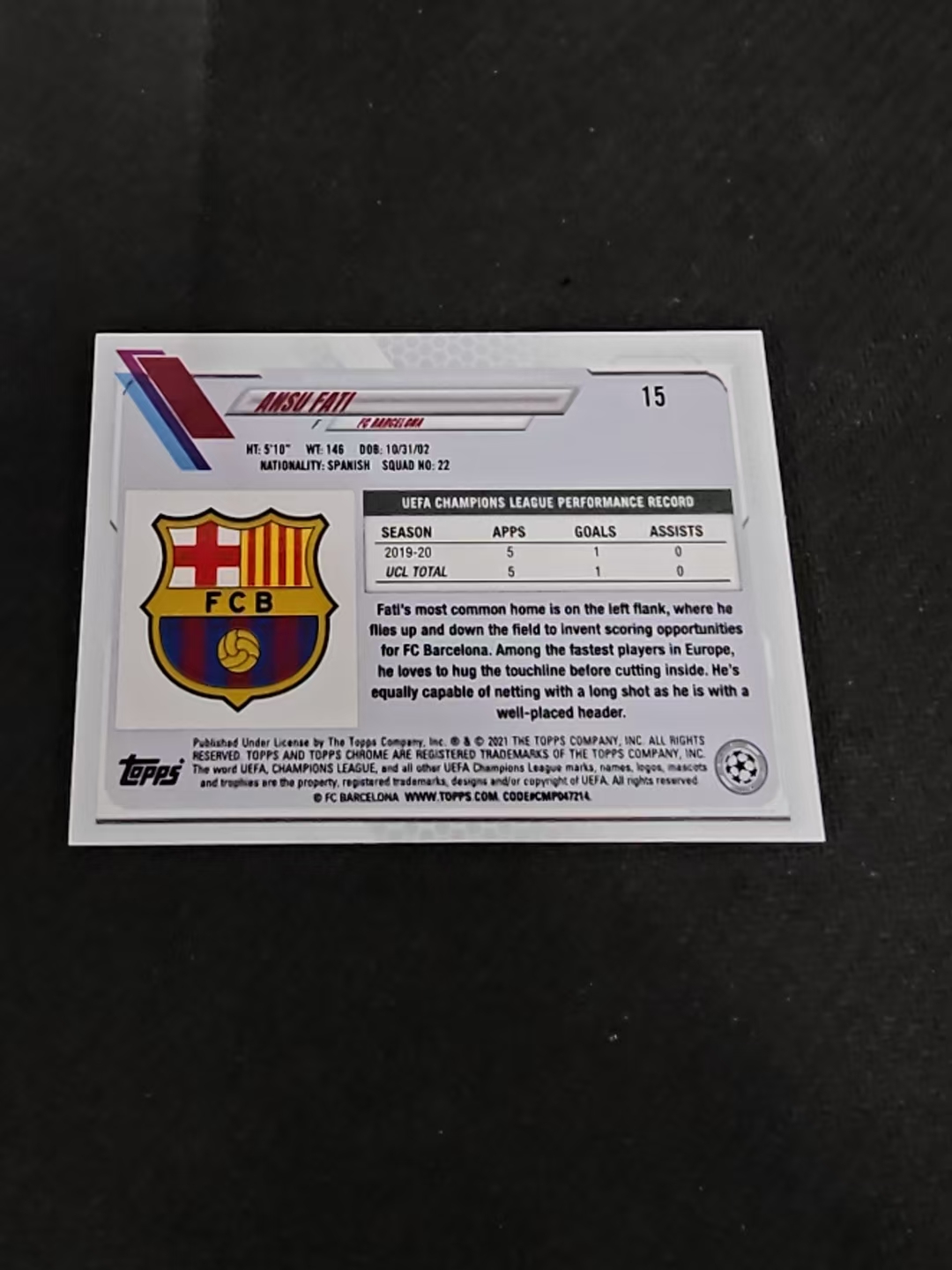 【可合并,不累计】2021 Topps Chrome Ansu Fati 欧冠 蓝宝石 巴萨 安苏 法蒂 蓝碎冰折 折射 #15 划痕 边角瑕疵