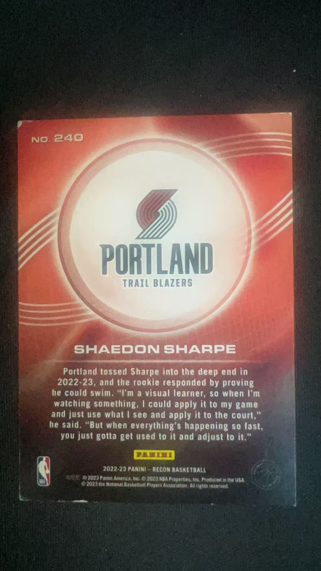 2022-23 Panini Recon Shaedon Sharpe RC #240 B8