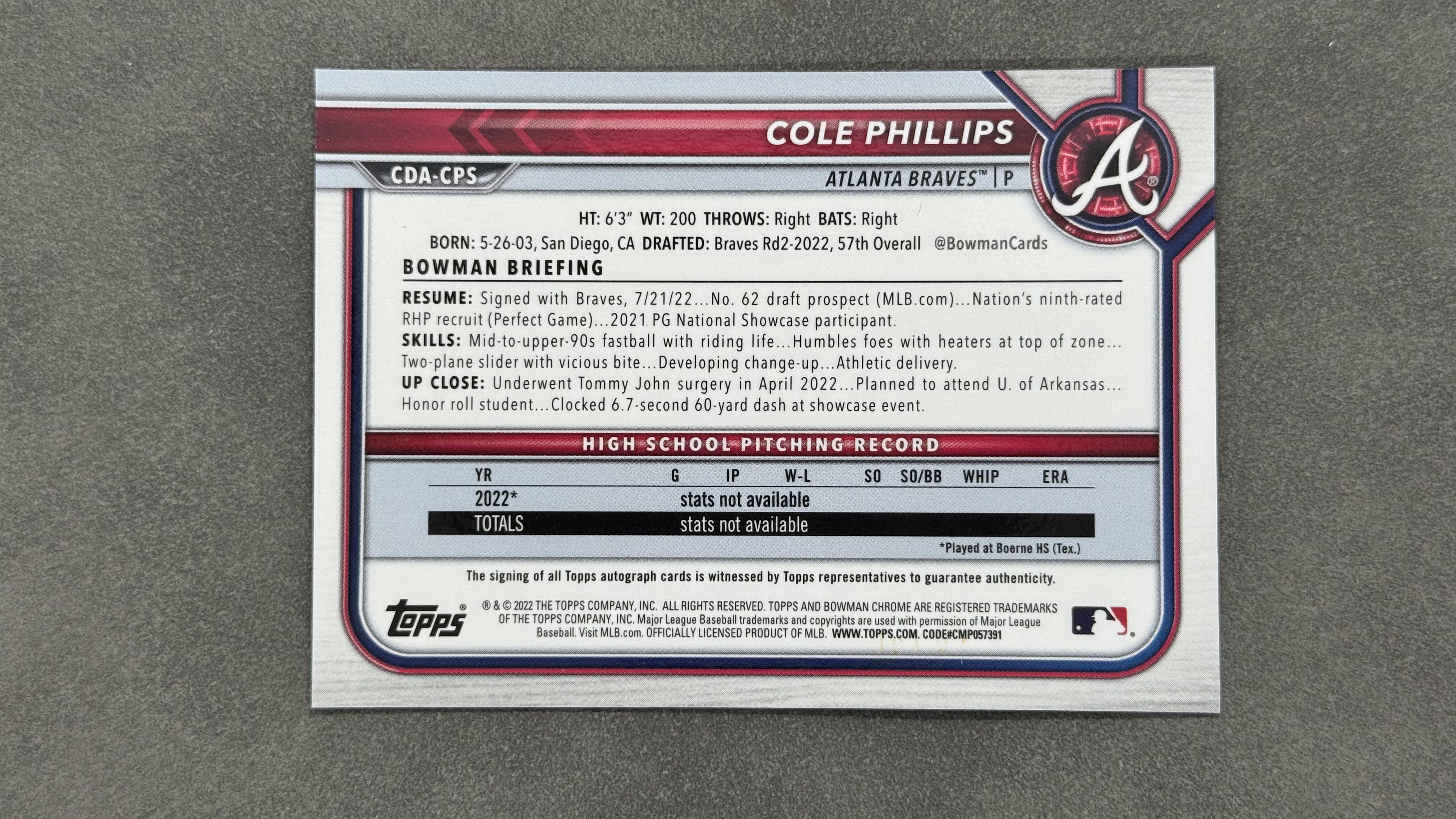 2022 Topps Bowman Cole Phillips 1st 勇士队 科尔・菲利普斯 签字 卡签 墨迹完美 绿平行 限量/99编 未来可期 值得投资收藏 卡品如图 #CDA-CPS