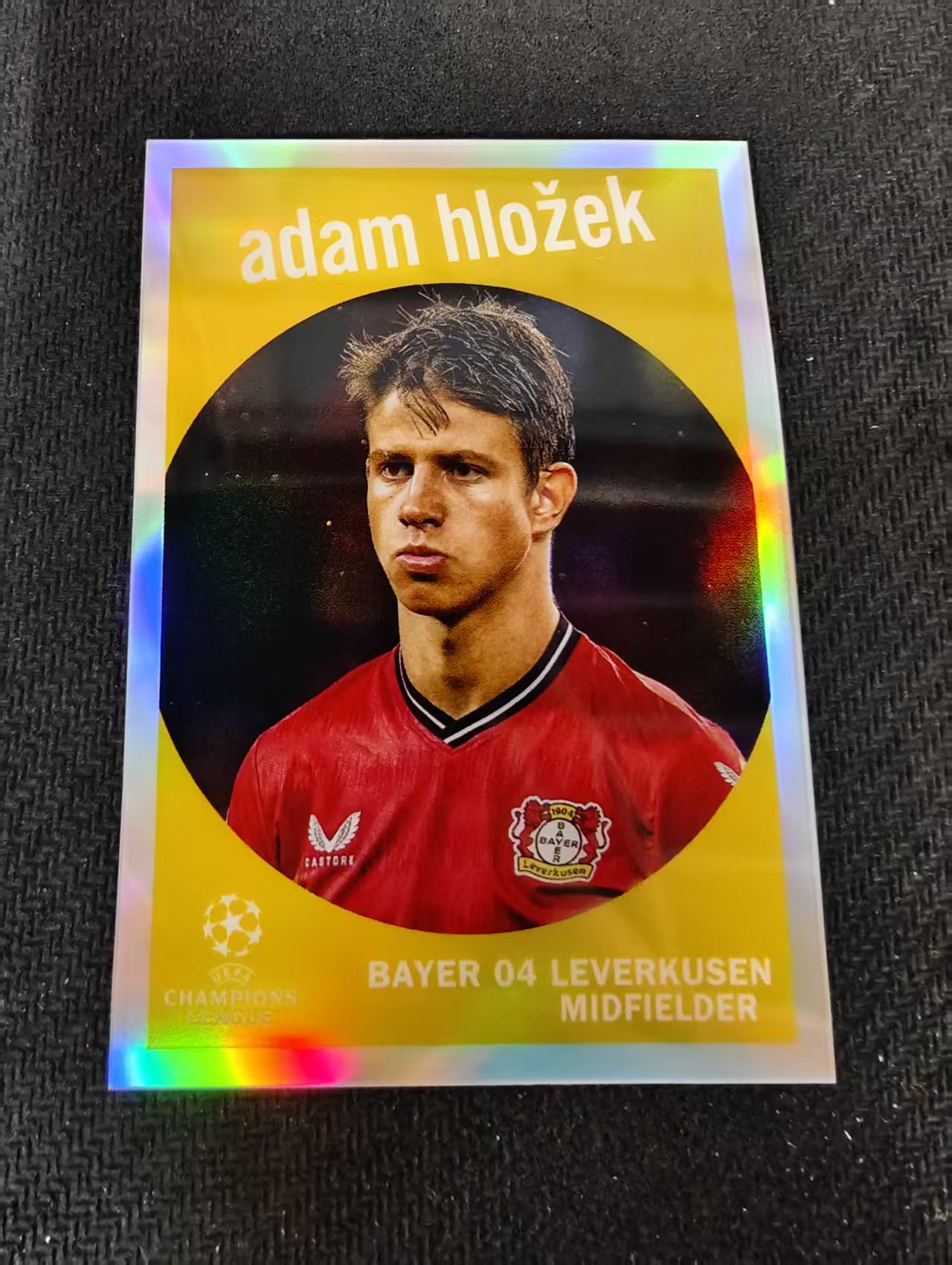 【可合并，不累计】2023 Topps Chrome Adam Hložek UCC 欧冠TC 勒沃库森 亚当 赫洛热克 复古 大头 特卡 银折 欧冠 划痕 边角瑕疵 #28