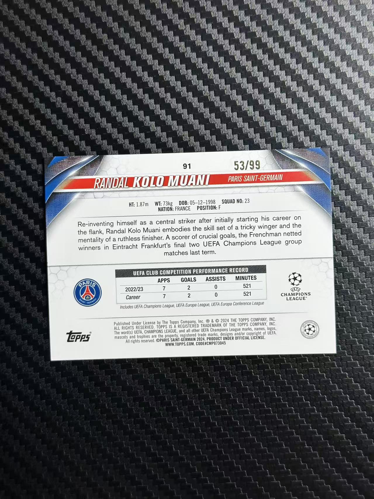 2024 Topps ucc Randal Kolo Muani 欧冠 碧玉 大巴黎 穆阿尼 白玉折 53/99编 卡品如图 拍前看描述