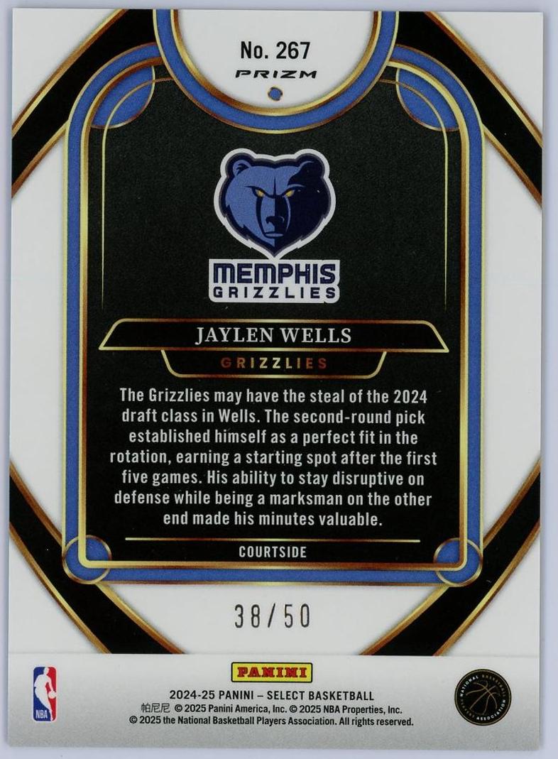 2024-25 Panini Select Jaylen Wells RC 杰伦韦尔斯 新秀 三级 50编 绿波纹折 折射 灰熊 卡品如图 1BL6/11.12