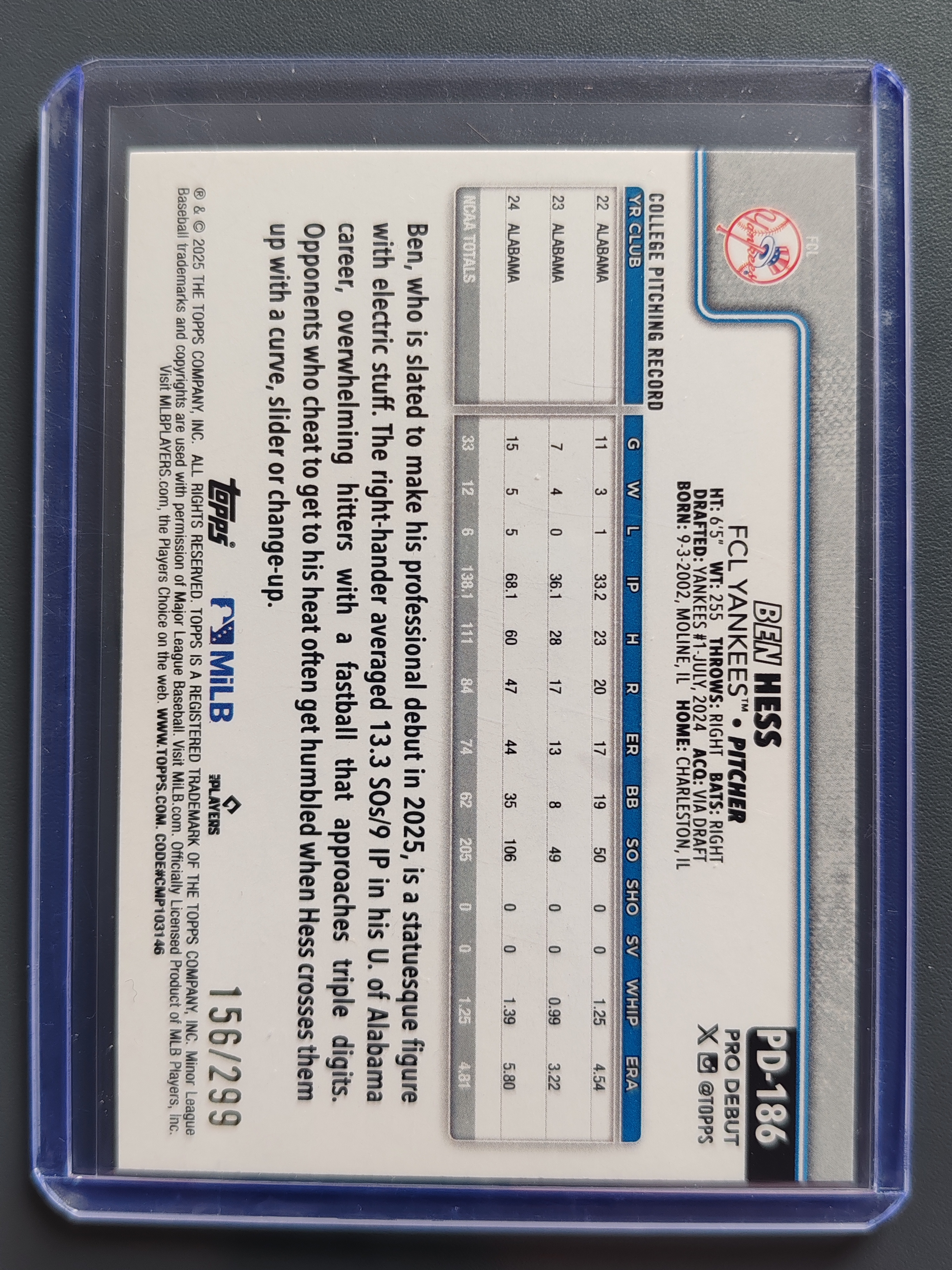 2025 Topps Pro Debut Ben Hess 299编!紫折!【9527】