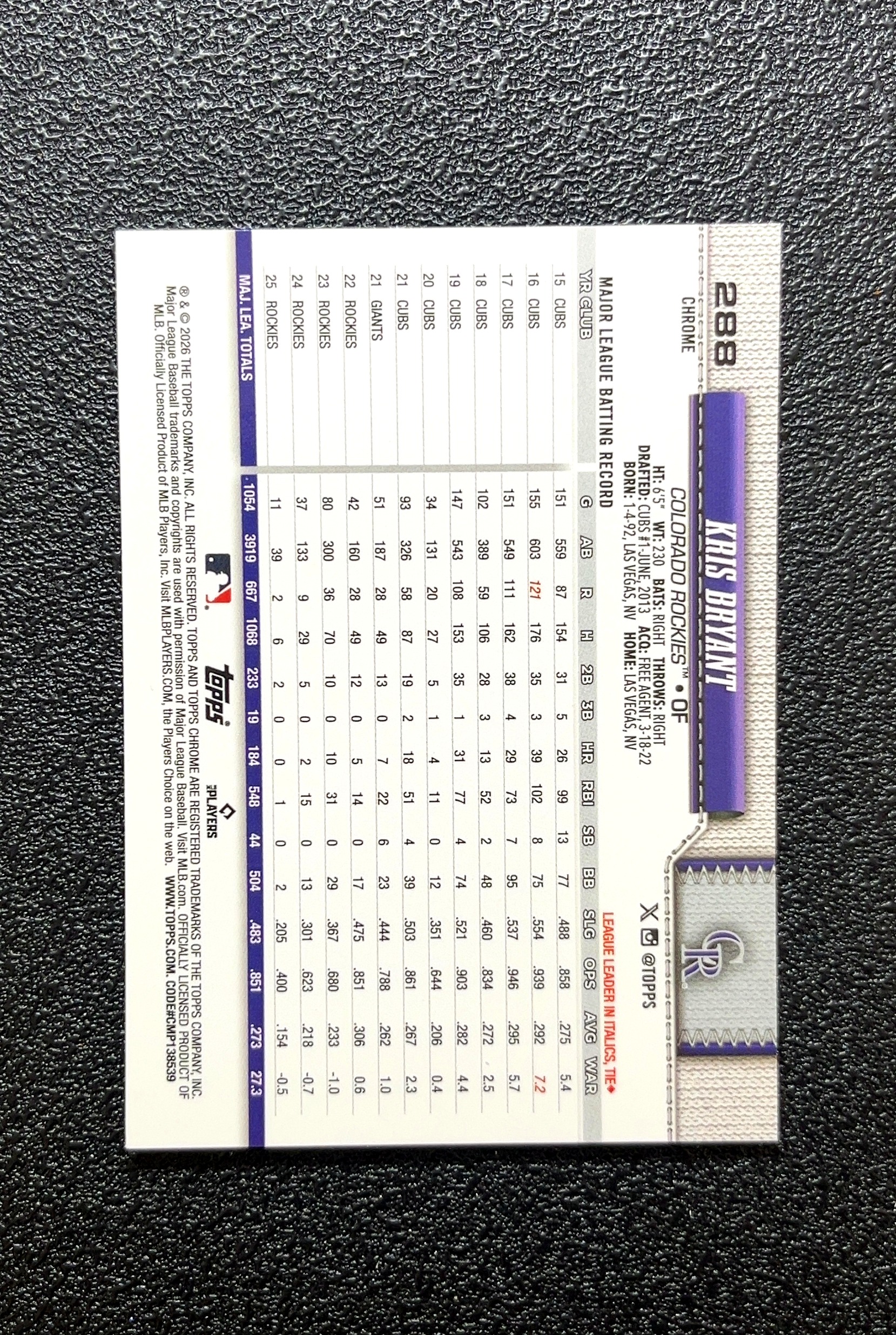 【岛屿拍卖】2021 Topps Chrome Kris Bryant 克里斯·拜伦 银折 折射 卡品如图 高价值 #288 Colorado Rockies 科罗拉多洛矶队 0007#362